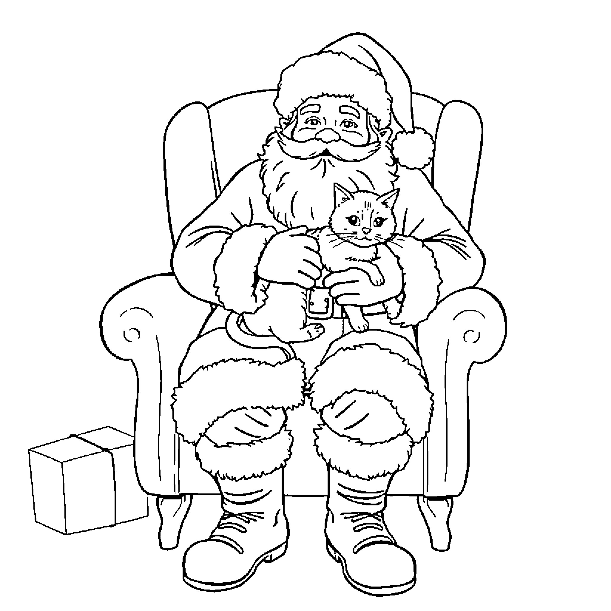 Santa enjoying cozy moment with cat Coloring Page (free black-and-white line drawing printable PDF for all, from beginners to advanced learners, including children, teens, adults, and seniors)