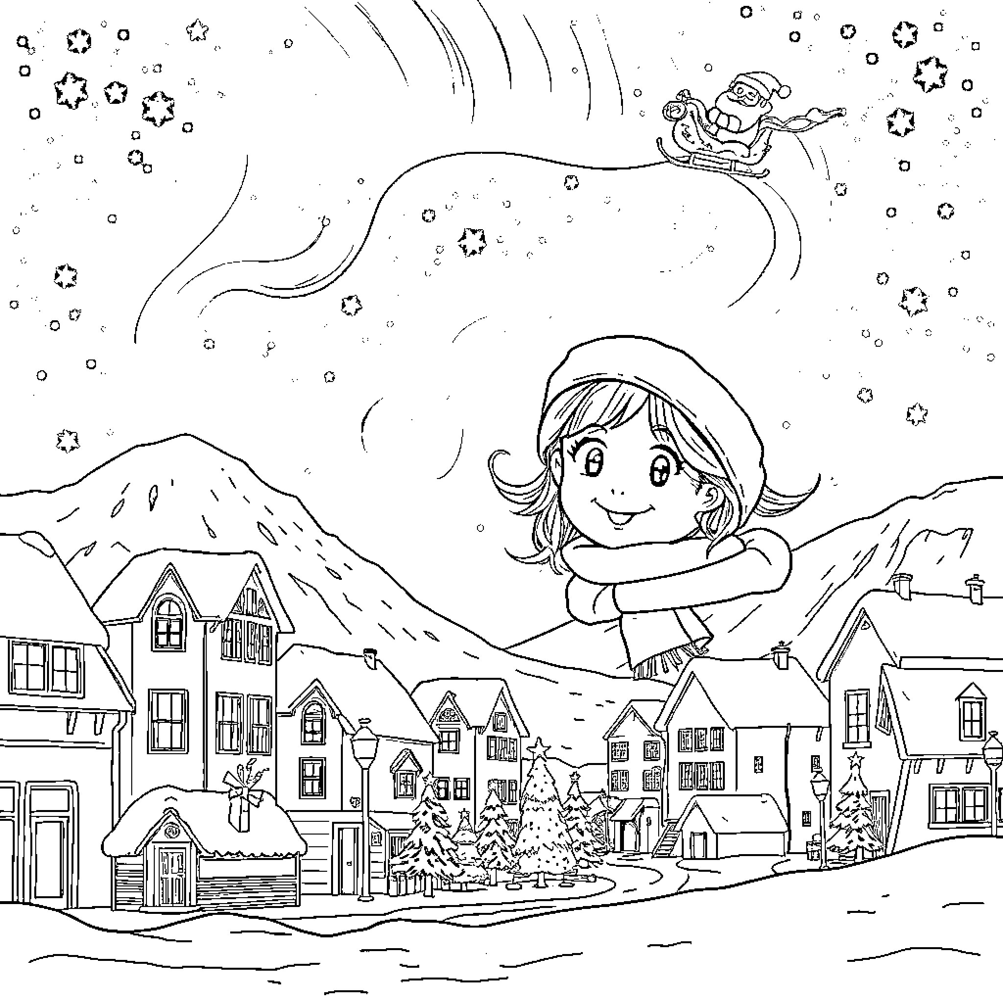 Girl explores snowy village under the night sky Coloring Page (free black-and-white line drawing printable PDF for all, from beginners to advanced learners, including children, teens, adults, and seniors)
