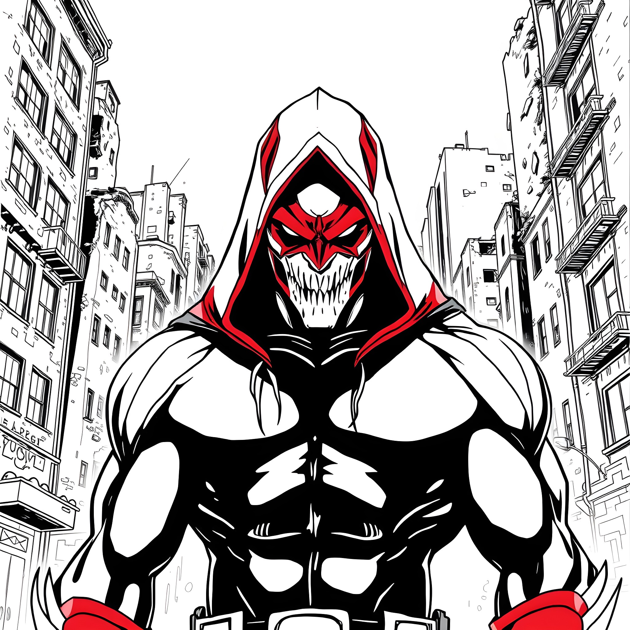 Bane's Menacing Presence Looms Over the City Coloring Page (free black-and-white line drawing printable PDF for all, from beginners to advanced learners, including children, teens, adults, and seniors)