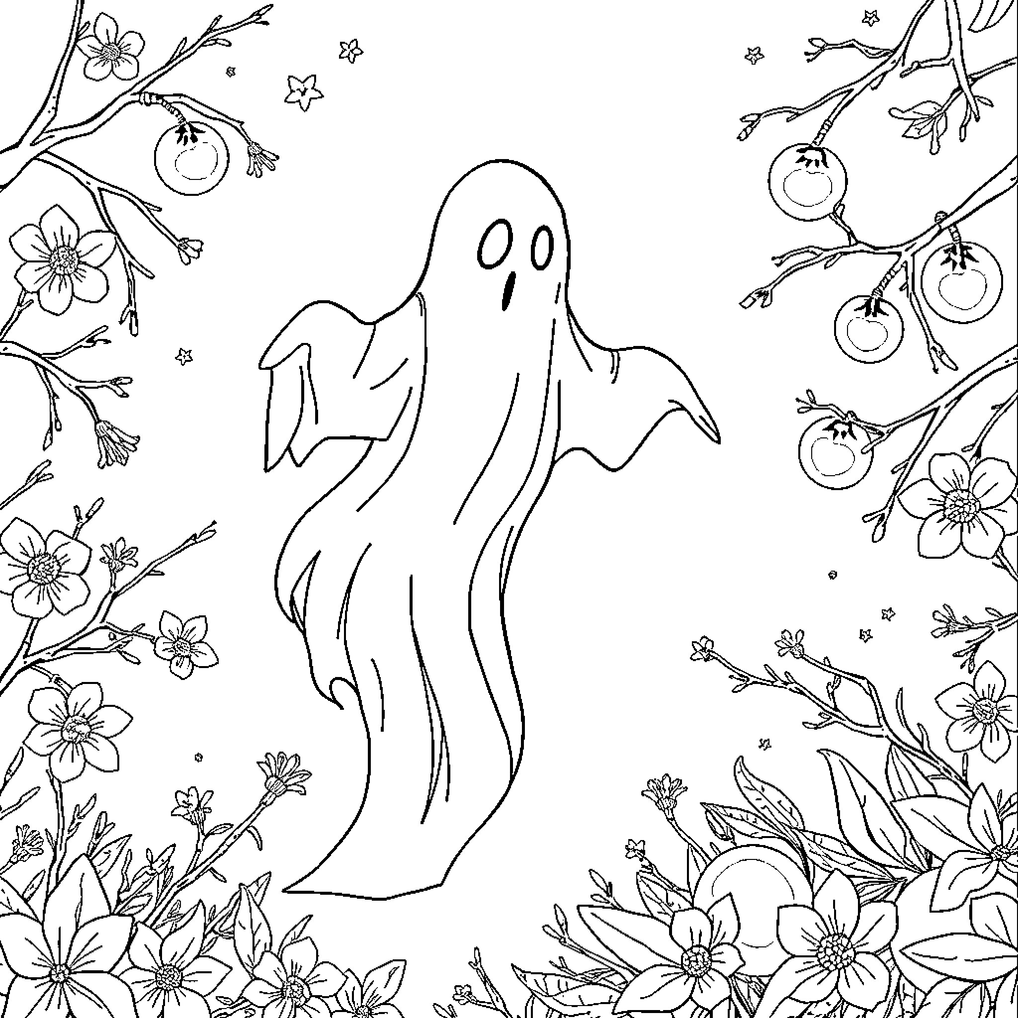 Fantôme amidst blooming floral imagery Coloring Page (free black-and-white line drawing printable PDF for all, from beginners to advanced learners, including children, teens, adults, and seniors)
