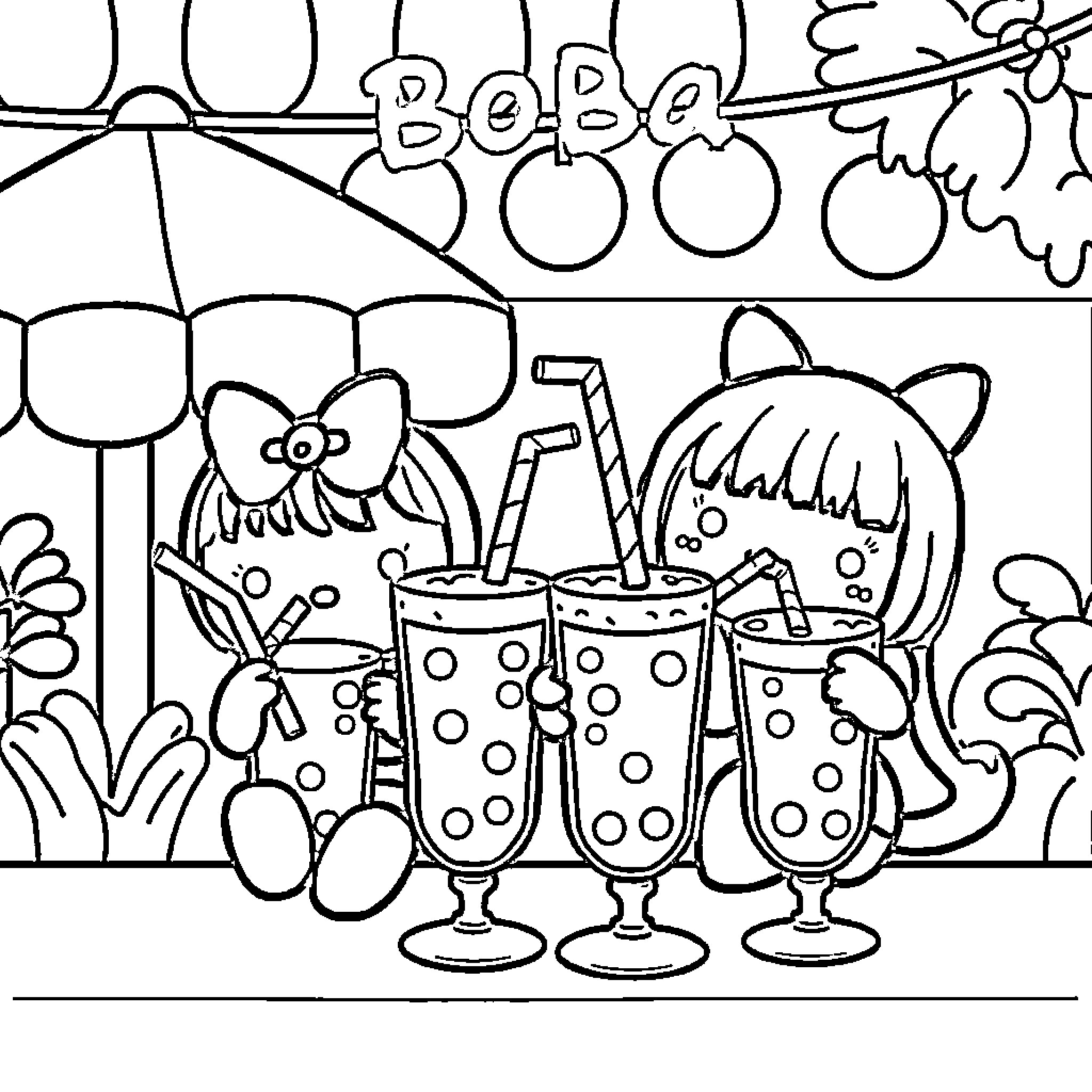 Sanrio characters enjoying fruity drinks on a summer day Coloring Page (free black-and-white line drawing printable PDF for all, from beginners to advanced learners, including children, teens, adults, and seniors)