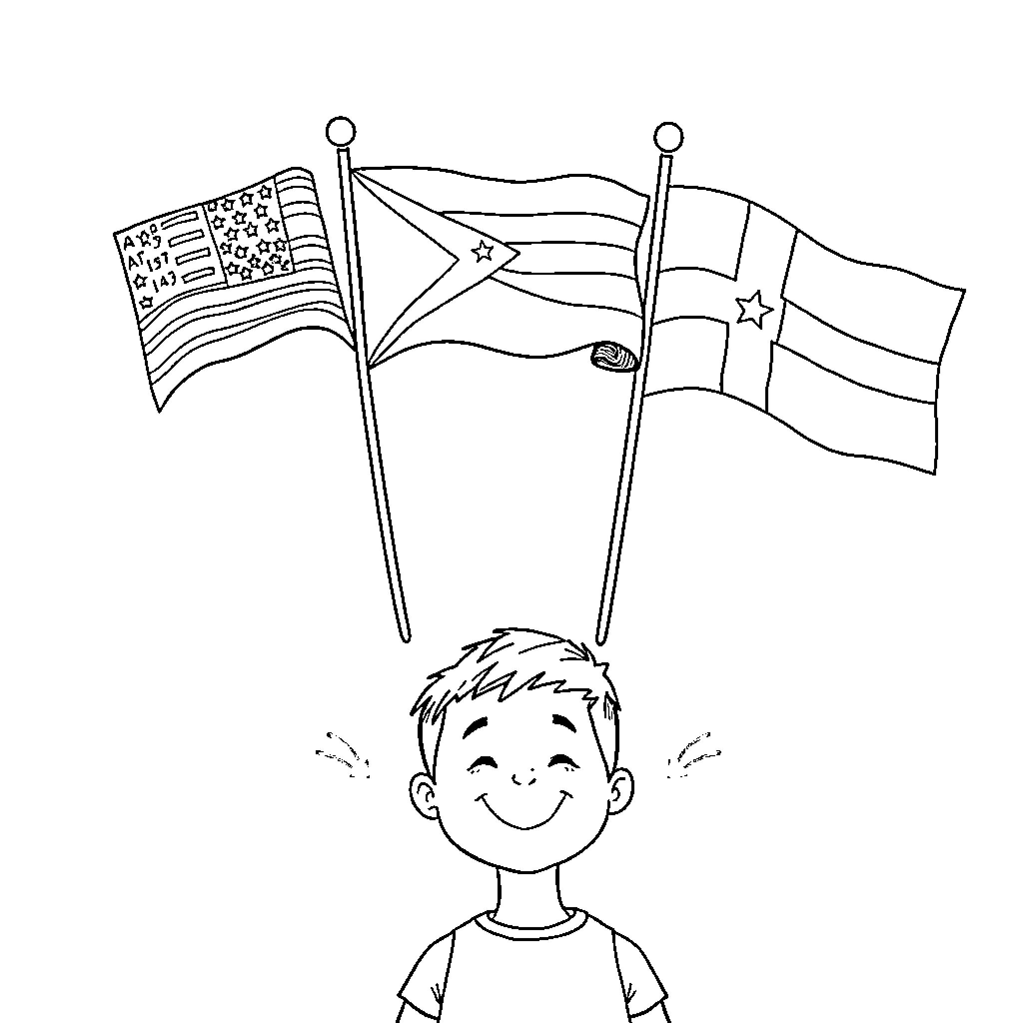 Flag-waving boy with patriotic symbols Coloring Page (free black-and-white line drawing printable PDF for all, from beginners to advanced learners, including children, teens, adults, and seniors)