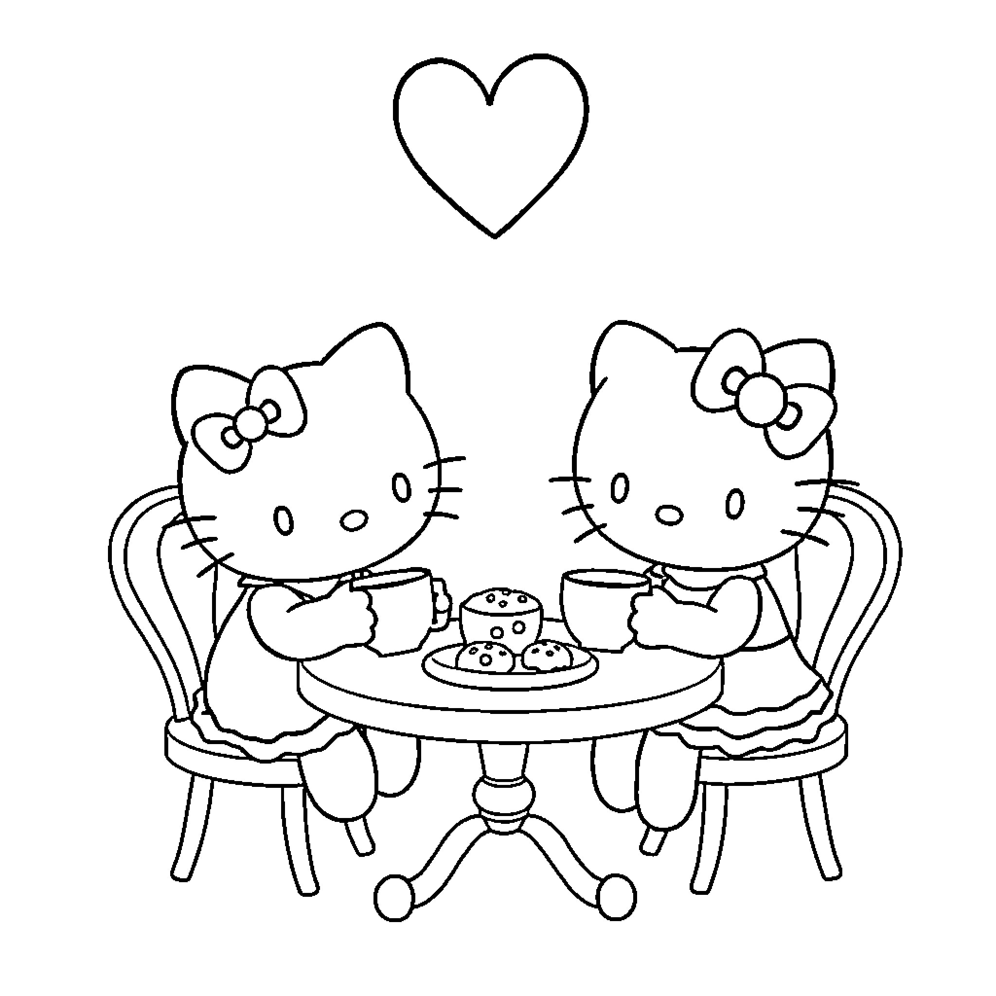 Hello Kitty's Tea Party Coloring Page (free black-and-white line drawing printable PDF for all, from beginners to advanced learners, including children, teens, adults, and seniors)