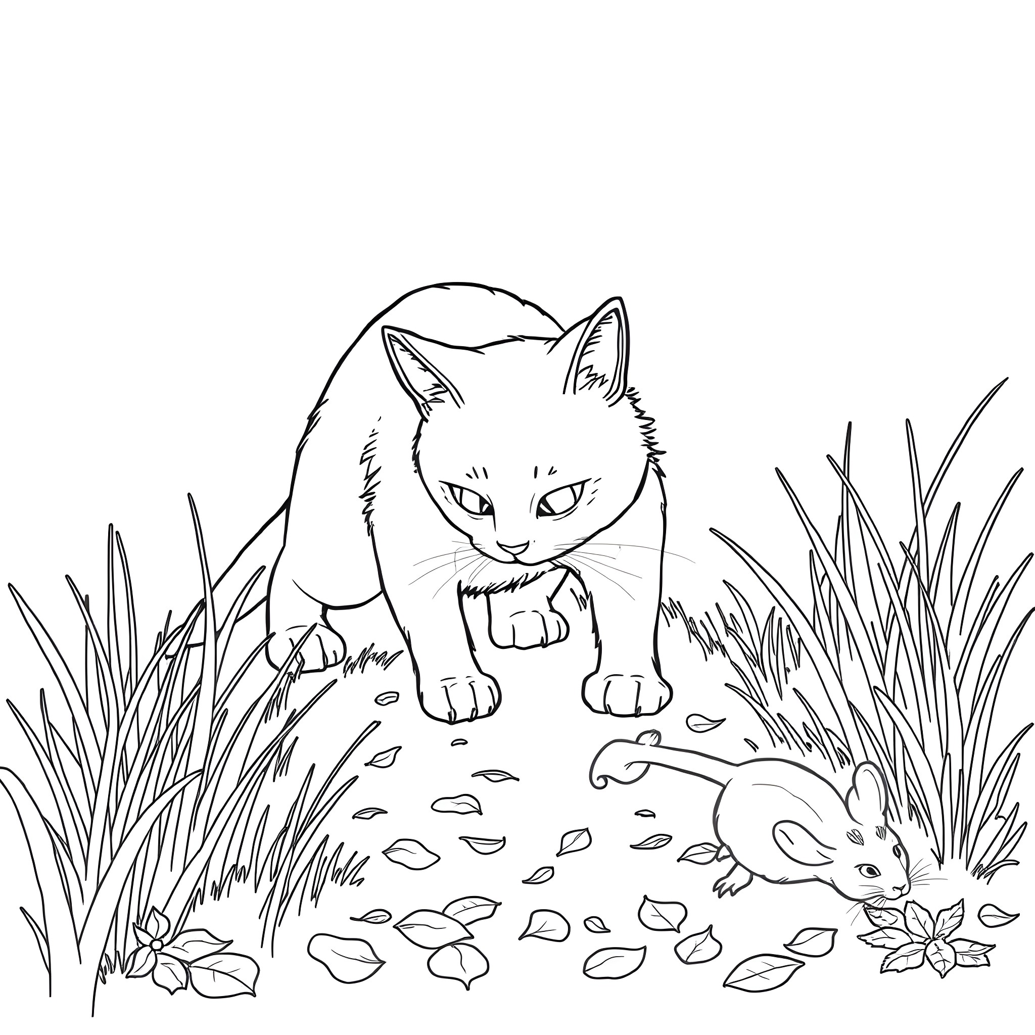 Cat pouncing on a small animal in the grass Coloring Page (free black-and-white line drawing printable PDF for all, from beginners to advanced learners, including children, teens, adults, and seniors)