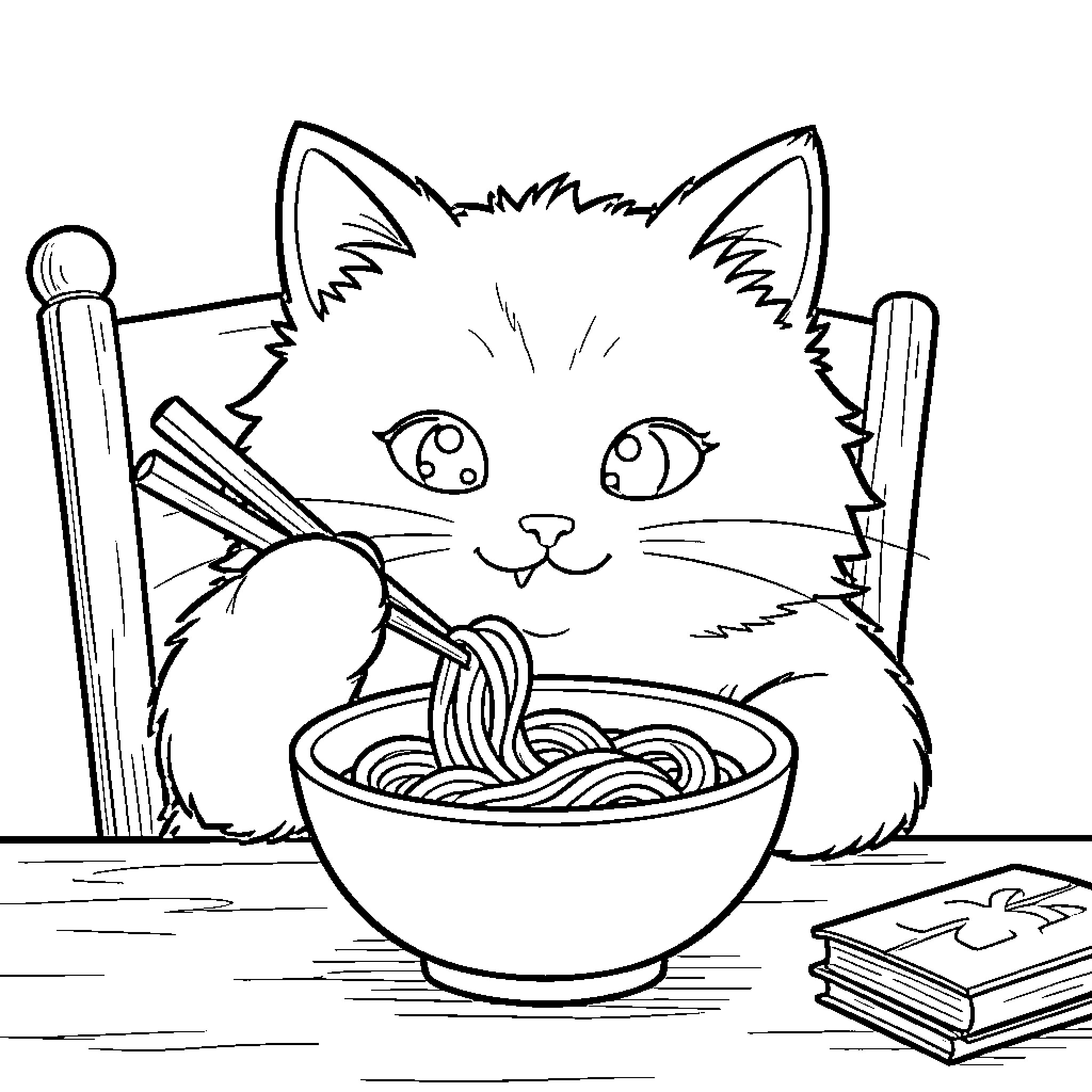 Cat enjoying a bowl of noodles Coloring Page (free black-and-white line drawing printable PDF for all, from beginners to advanced learners, including children, teens, adults, and seniors)