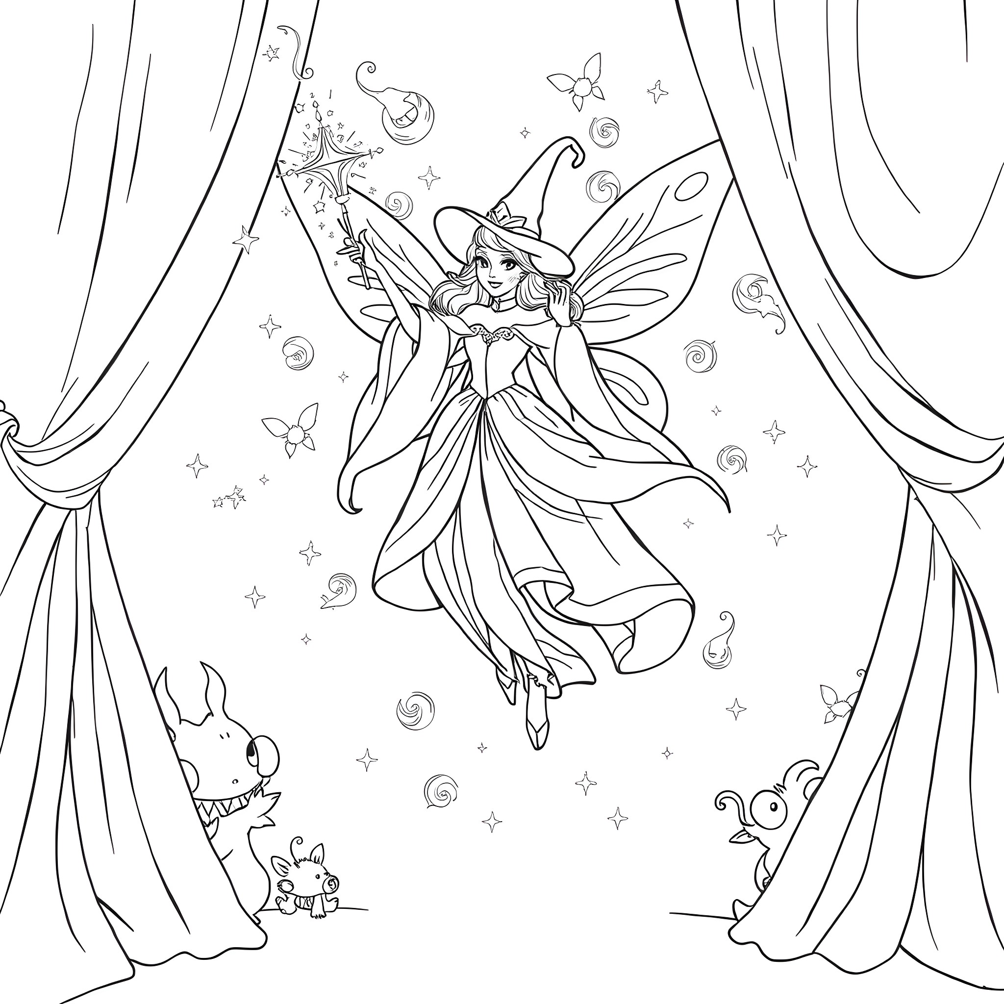 Fairy Godmother performing magical act on stage Coloring Page (free black-and-white line drawing printable PDF for all, from beginners to advanced learners, including children, teens, adults, and seniors)