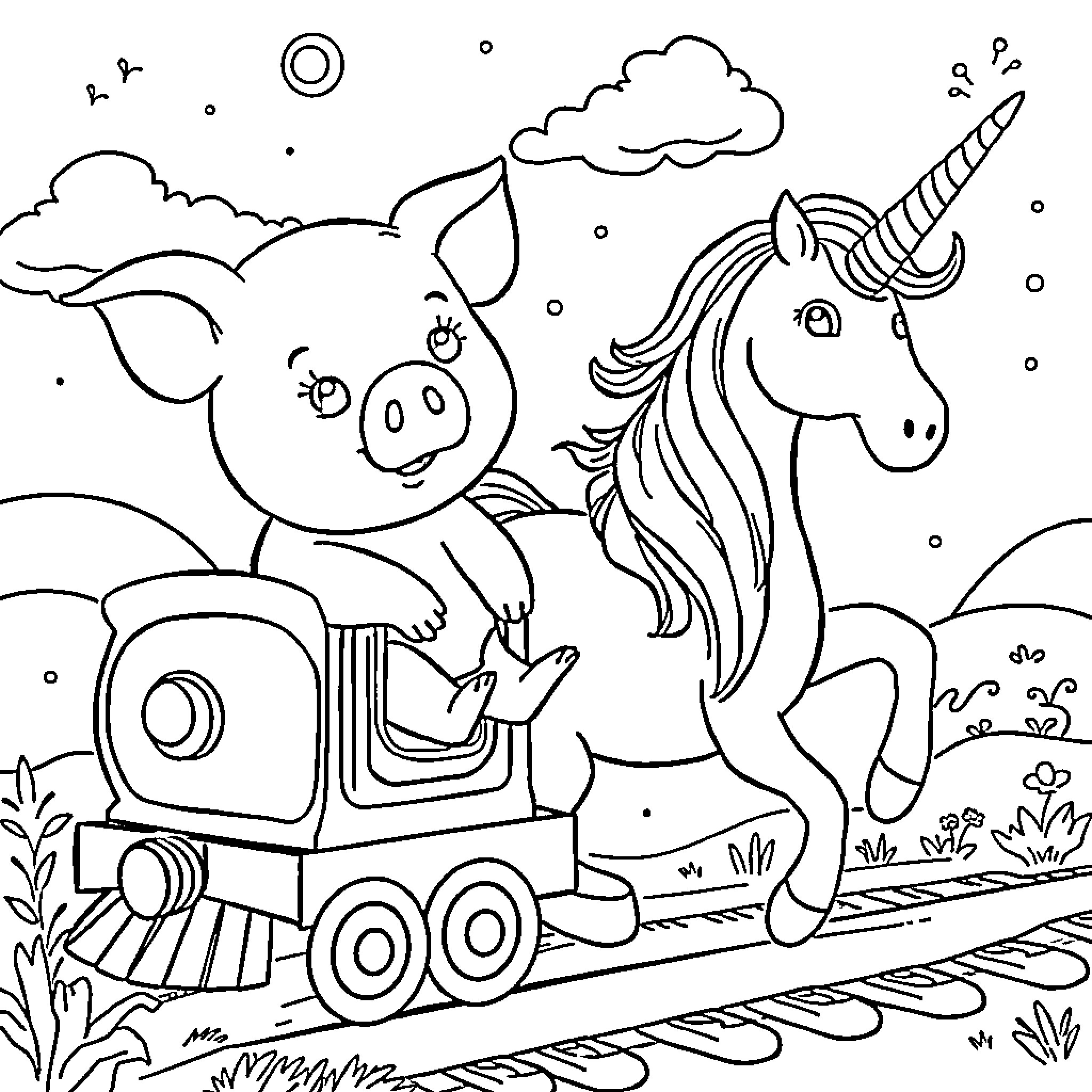 Pig and Unicorn Riding a Train on a Countryside Adventure Coloring Page (free black-and-white line drawing printable PDF for all, from beginners to advanced learners, including children, teens, adults, and seniors)