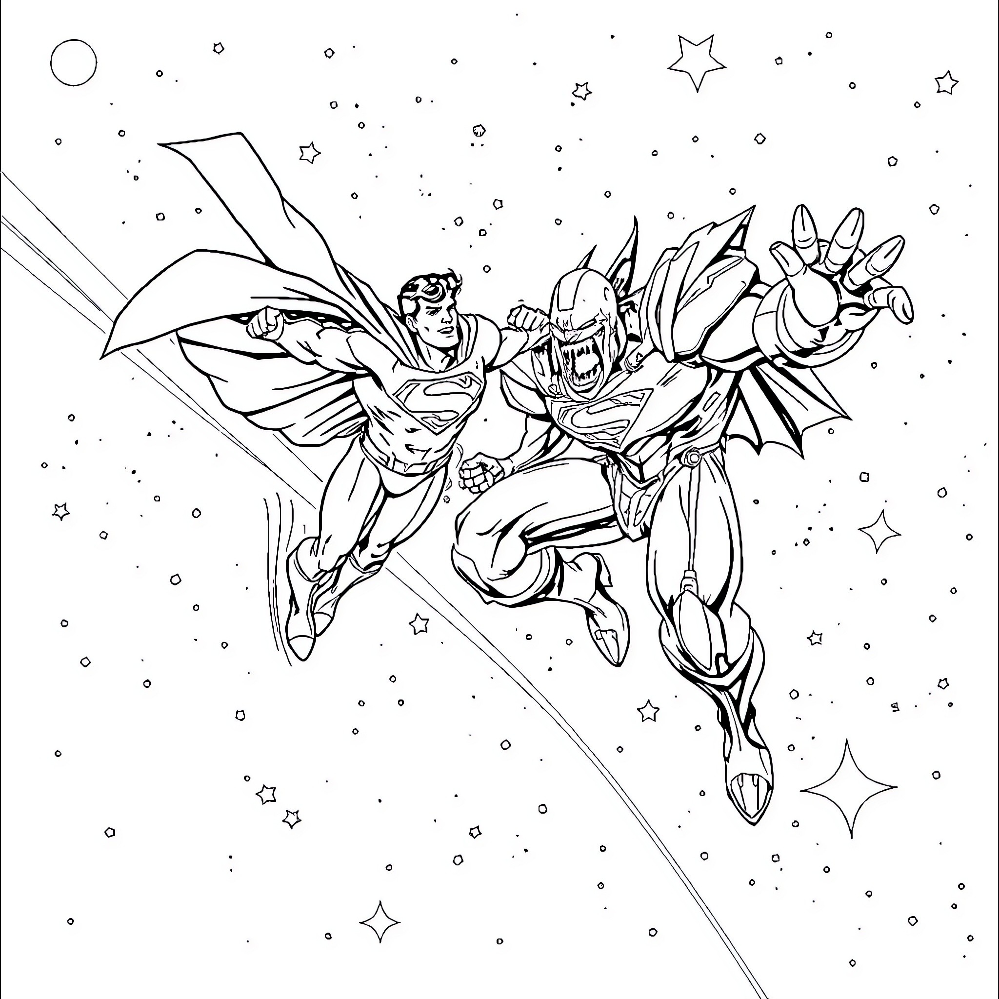 Superman and Batman Soaring Through the Cosmic Sky Coloring Page (free black-and-white line drawing printable PDF for all, from beginners to advanced learners, including children, teens, adults, and seniors)