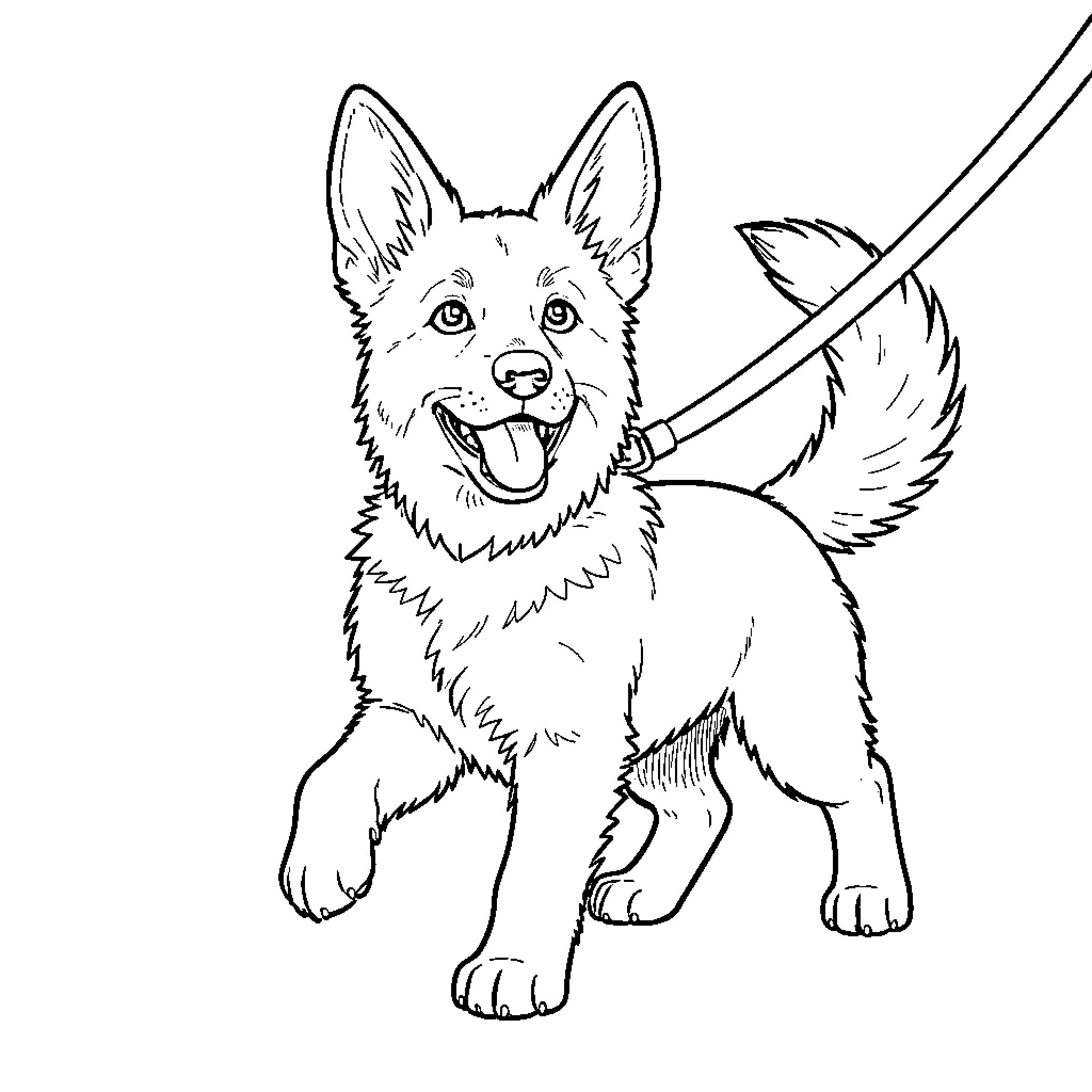 German Shepherd Dog Sitting Happily Coloring Page (free black-and-white line drawing printable PDF for all, from beginners to advanced learners, including children, teens, adults, and seniors)