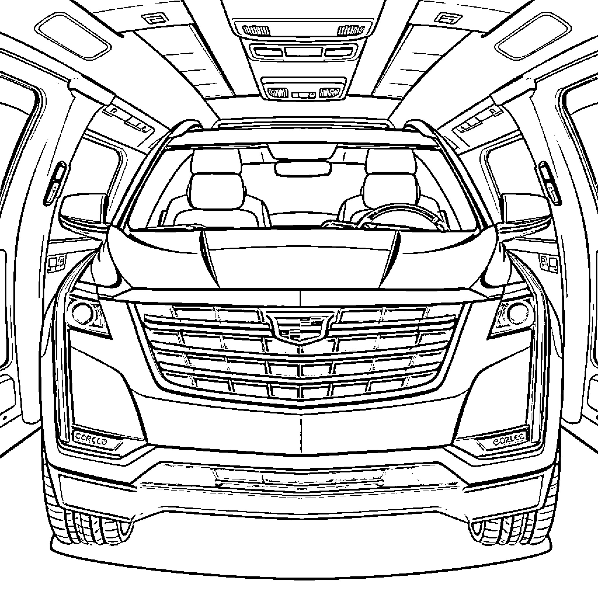 Cadillac SUV interior view with sleek design Coloring Page (free black-and-white line drawing printable PDF for all, from beginners to advanced learners, including children, teens, adults, and seniors)