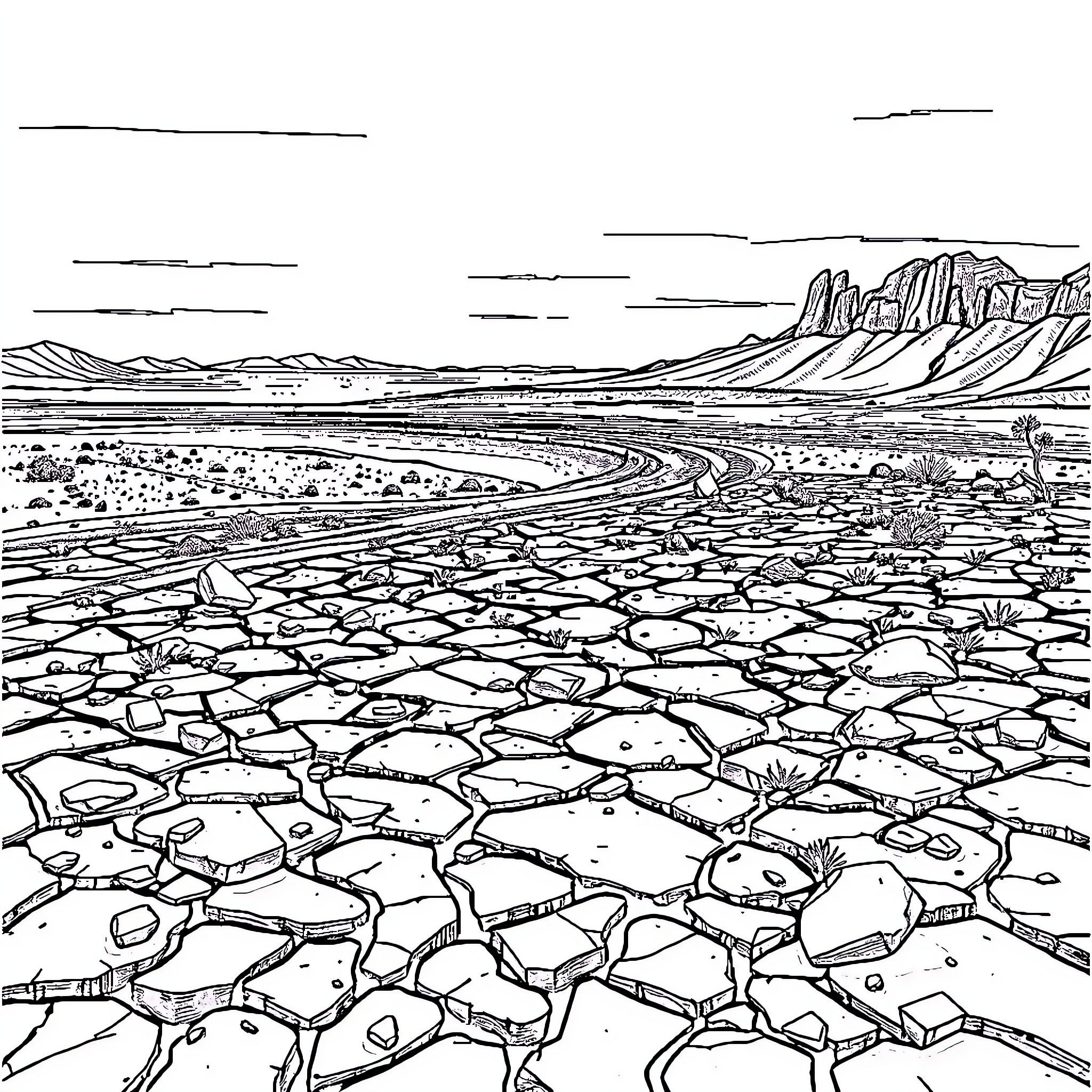 Wasteland of Cracked Earth and Rugged Terrain Coloring Page (free black-and-white line drawing printable PDF for all, from beginners to advanced learners, including children, teens, adults, and seniors)