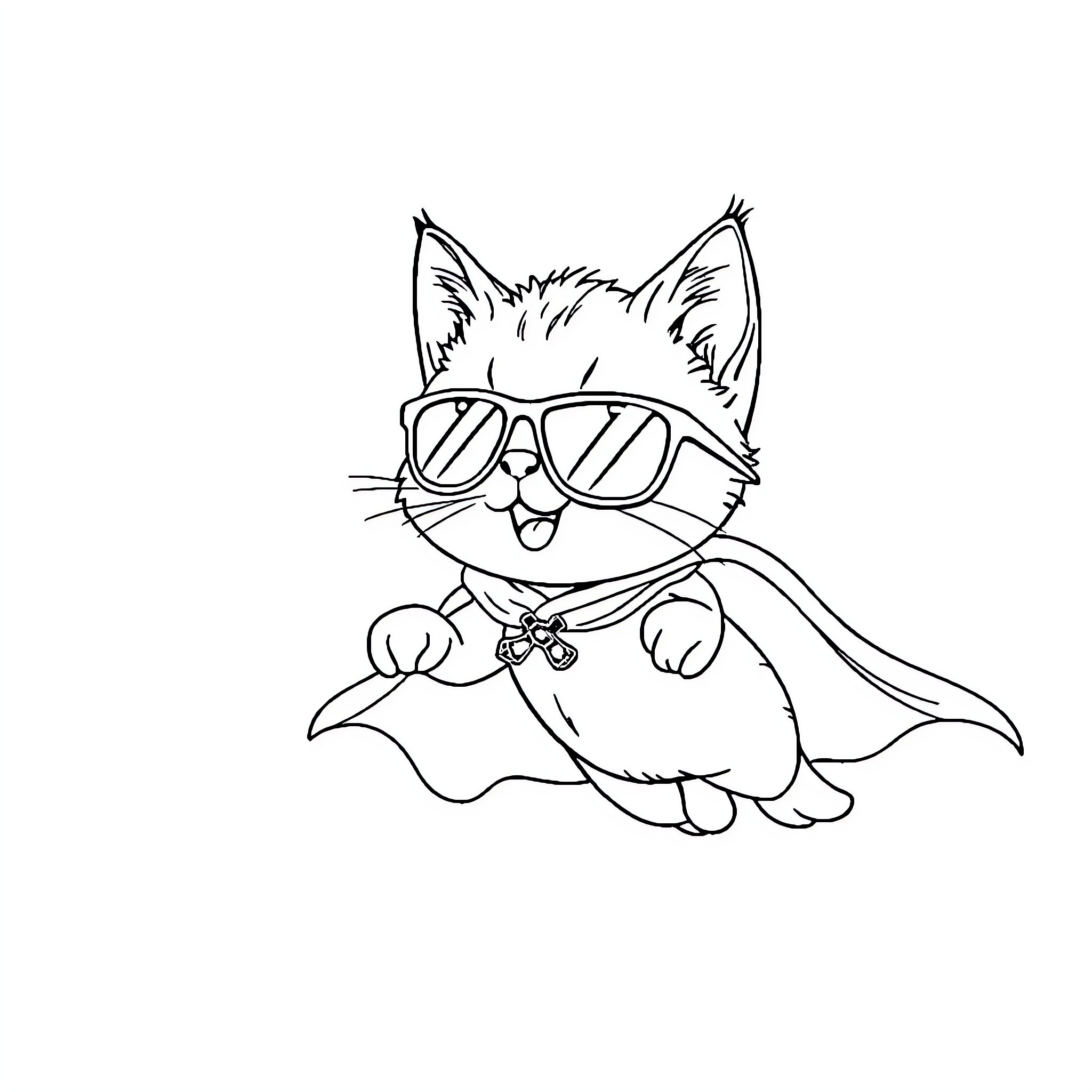 Kitten in sunglasses with bowtie Coloring Page (free black-and-white line drawing printable PDF for all, from beginners to advanced learners, including children, teens, adults, and seniors)
