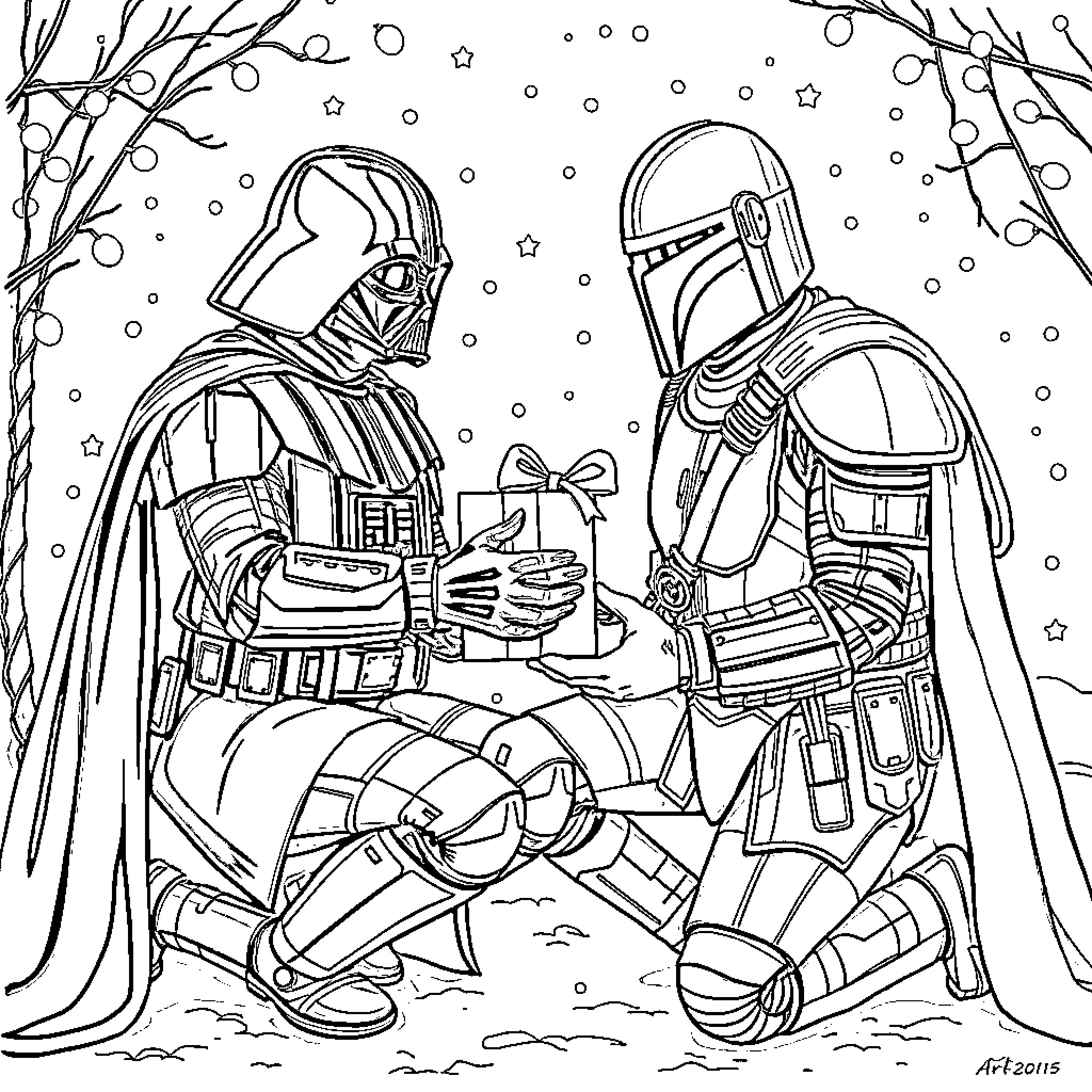 Darth Vader and Boba Fett exchange gifts in the winter Coloring Page (free black-and-white line drawing printable PDF for all, from beginners to advanced learners, including children, teens, adults, and seniors)
