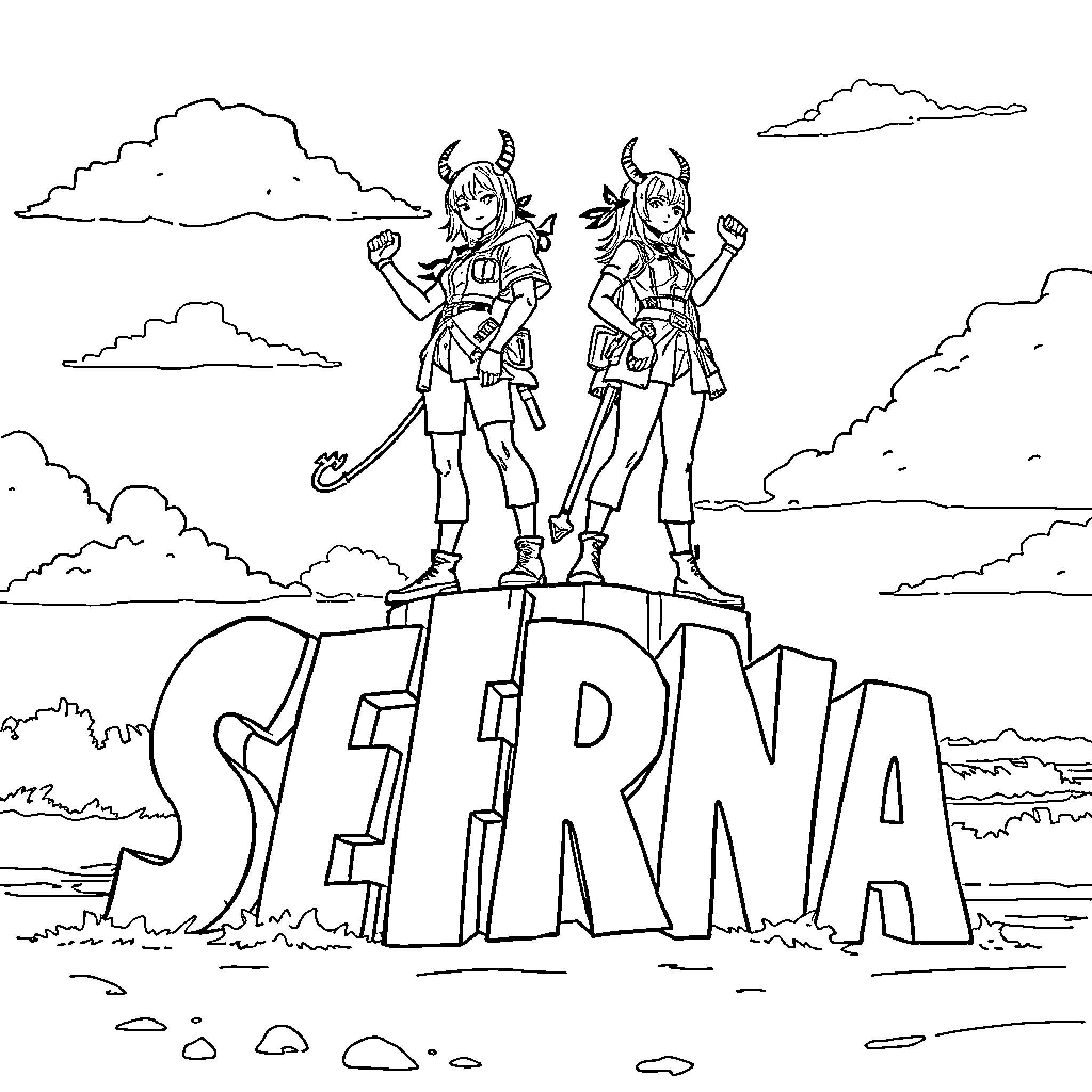 Demon Hunters atop a towering 'Sefna' sign Coloring Page (free black-and-white line drawing printable PDF for all, from beginners to advanced learners, including children, teens, adults, and seniors)
