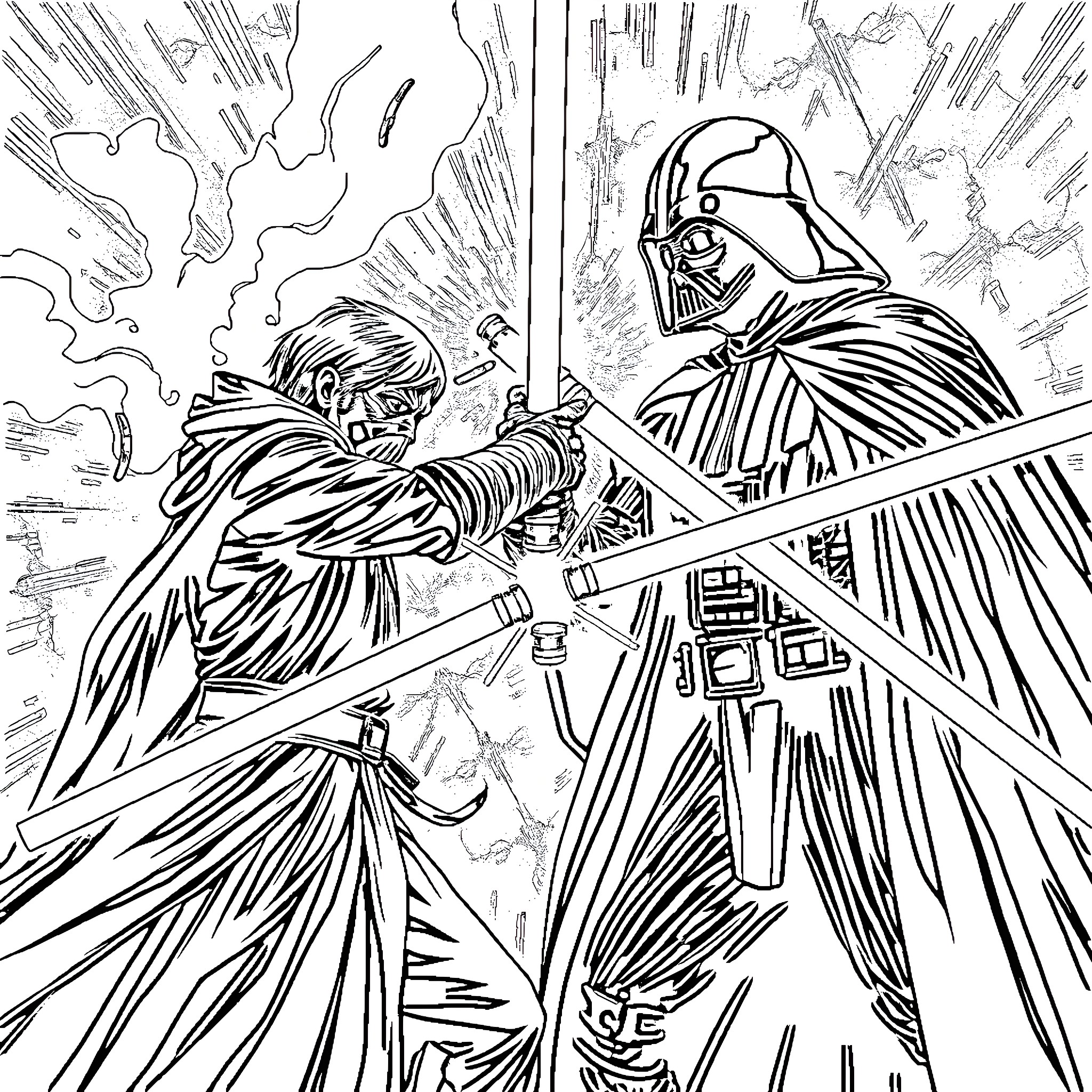 Kylo Ren's Duel with Darth Vader Coloring Page (free black-and-white line drawing printable PDF for all, from beginners to advanced learners, including children, teens, adults, and seniors)