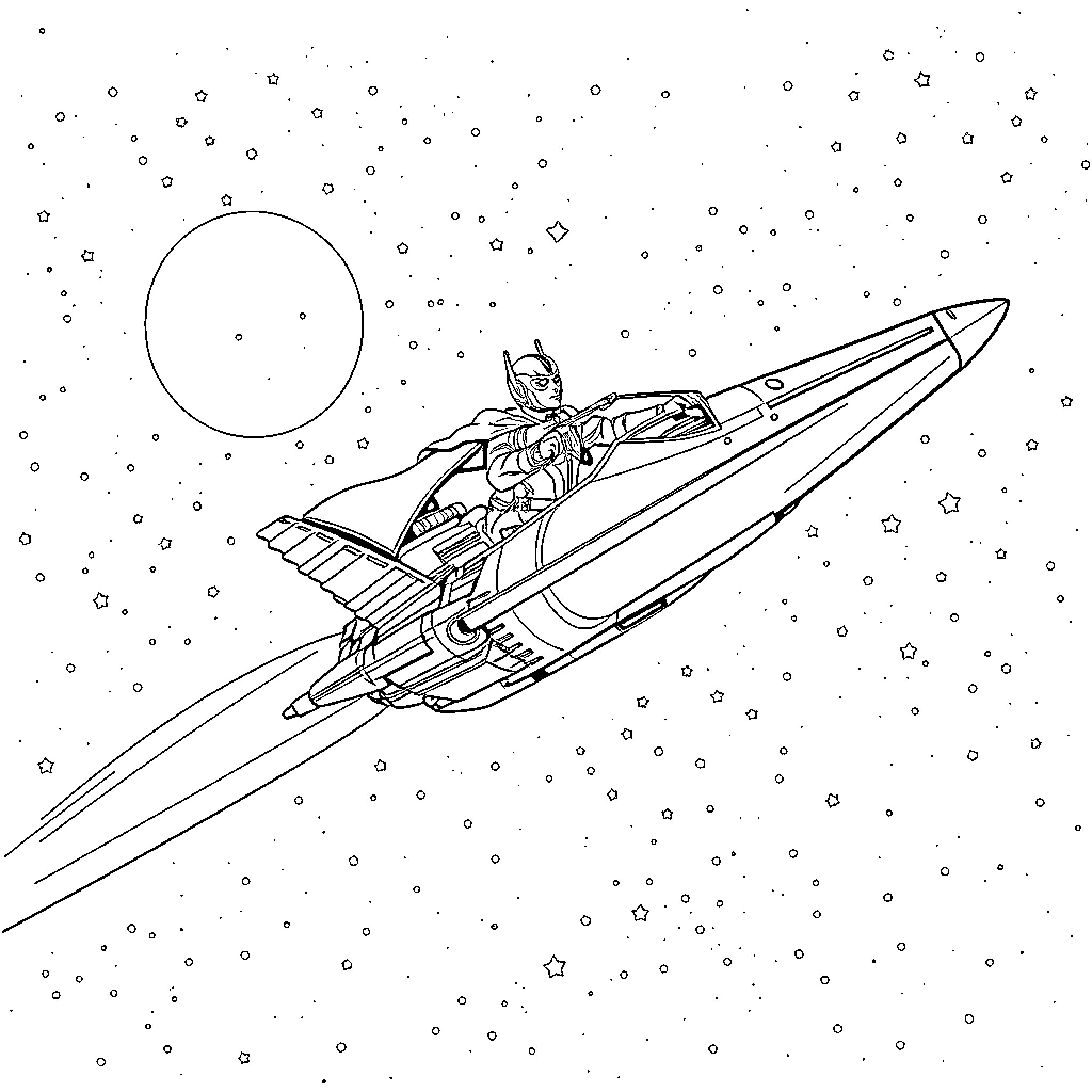 Star Lord soaring through the cosmic galaxy Coloring Page (free black-and-white line drawing printable PDF for all, from beginners to advanced learners, including children, teens, adults, and seniors)