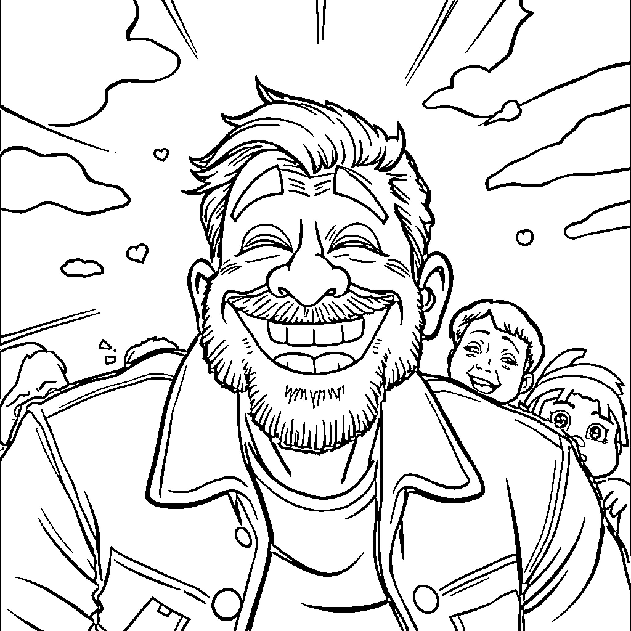 Meme of a gleeful man surrounded by animals Coloring Page (free black-and-white line drawing printable PDF for all, from beginners to advanced learners, including children, teens, adults, and seniors)