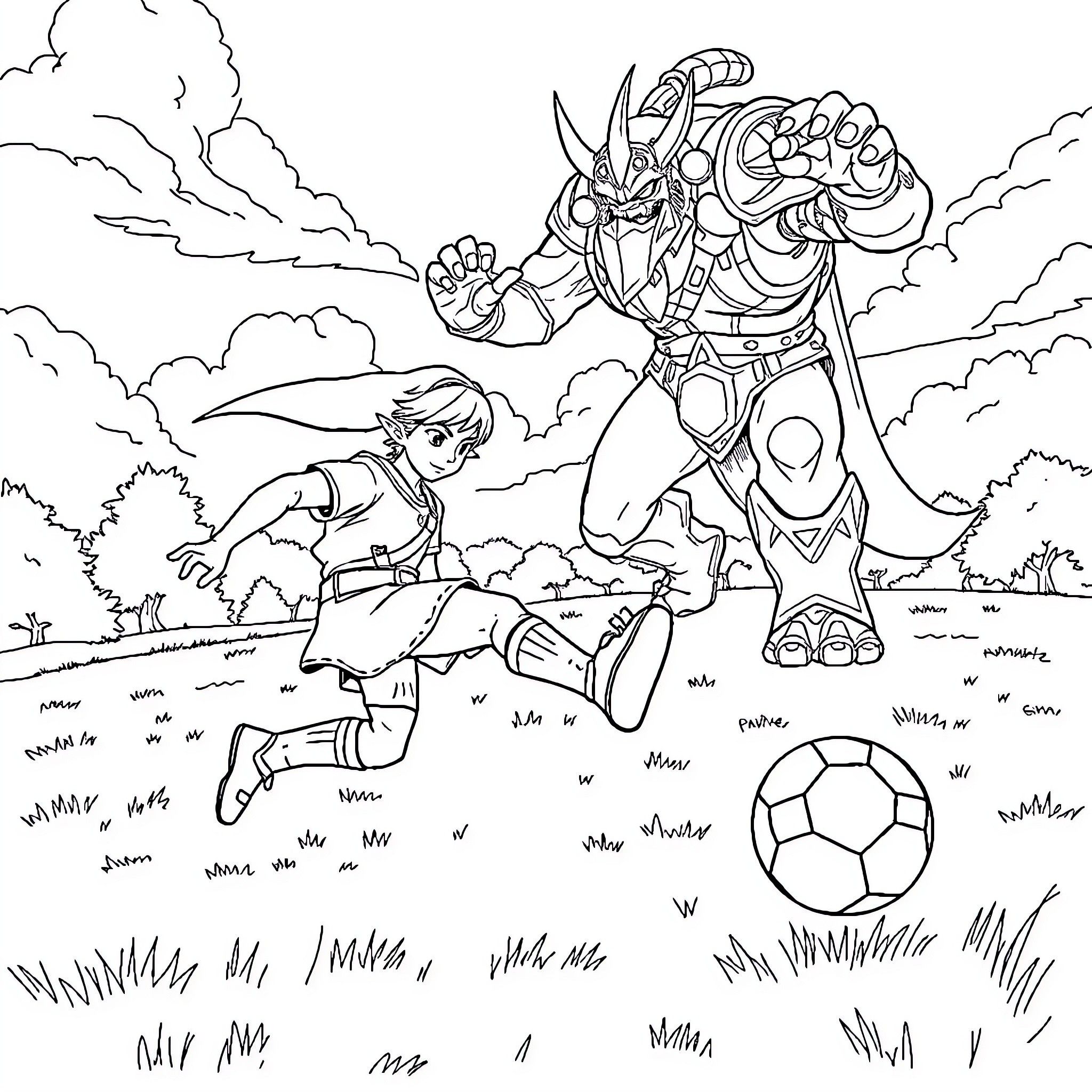 Link and Giant Robot Clash in Grassy Field Coloring Page (free black-and-white line drawing printable PDF for all, from beginners to advanced learners, including children, teens, adults, and seniors)