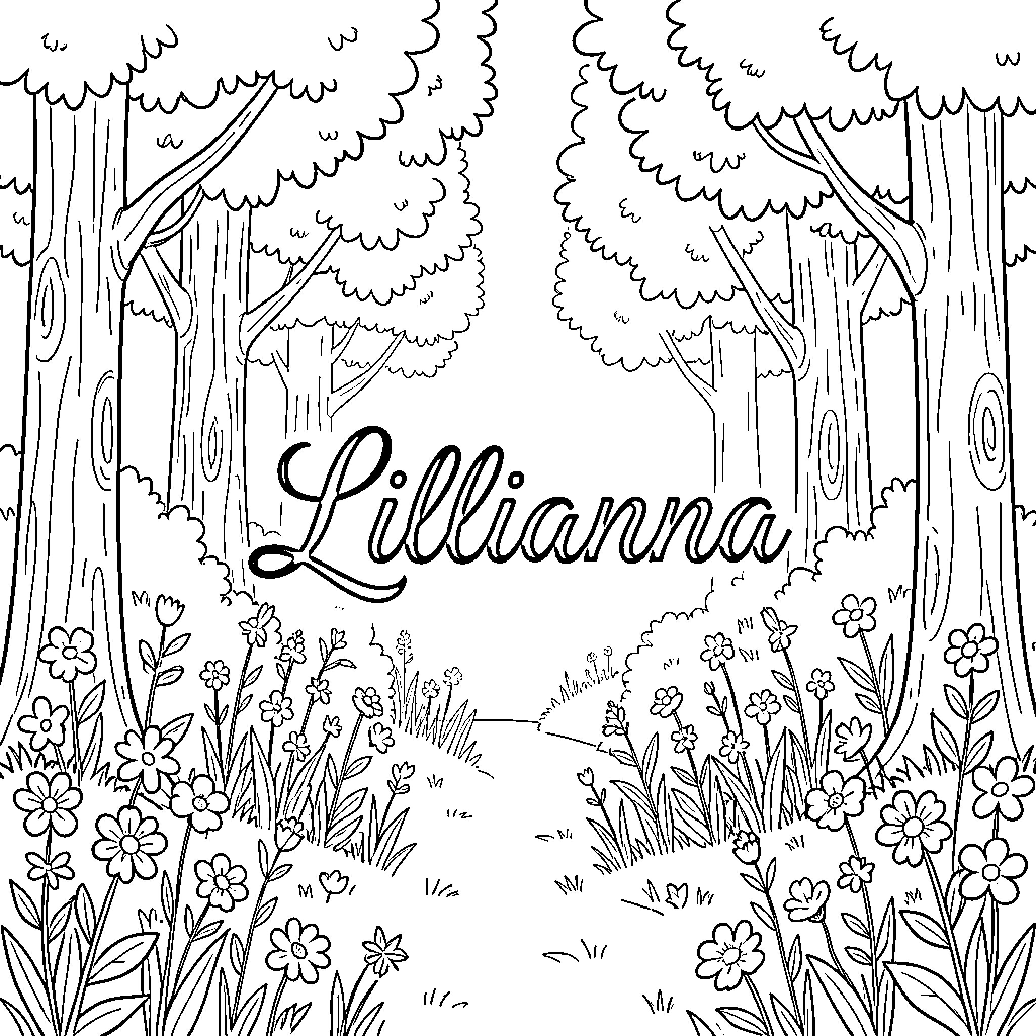 Lillianna's whimsical forest adventure Coloring Page (free black-and-white line drawing printable PDF for all, from beginners to advanced learners, including children, teens, adults, and seniors)