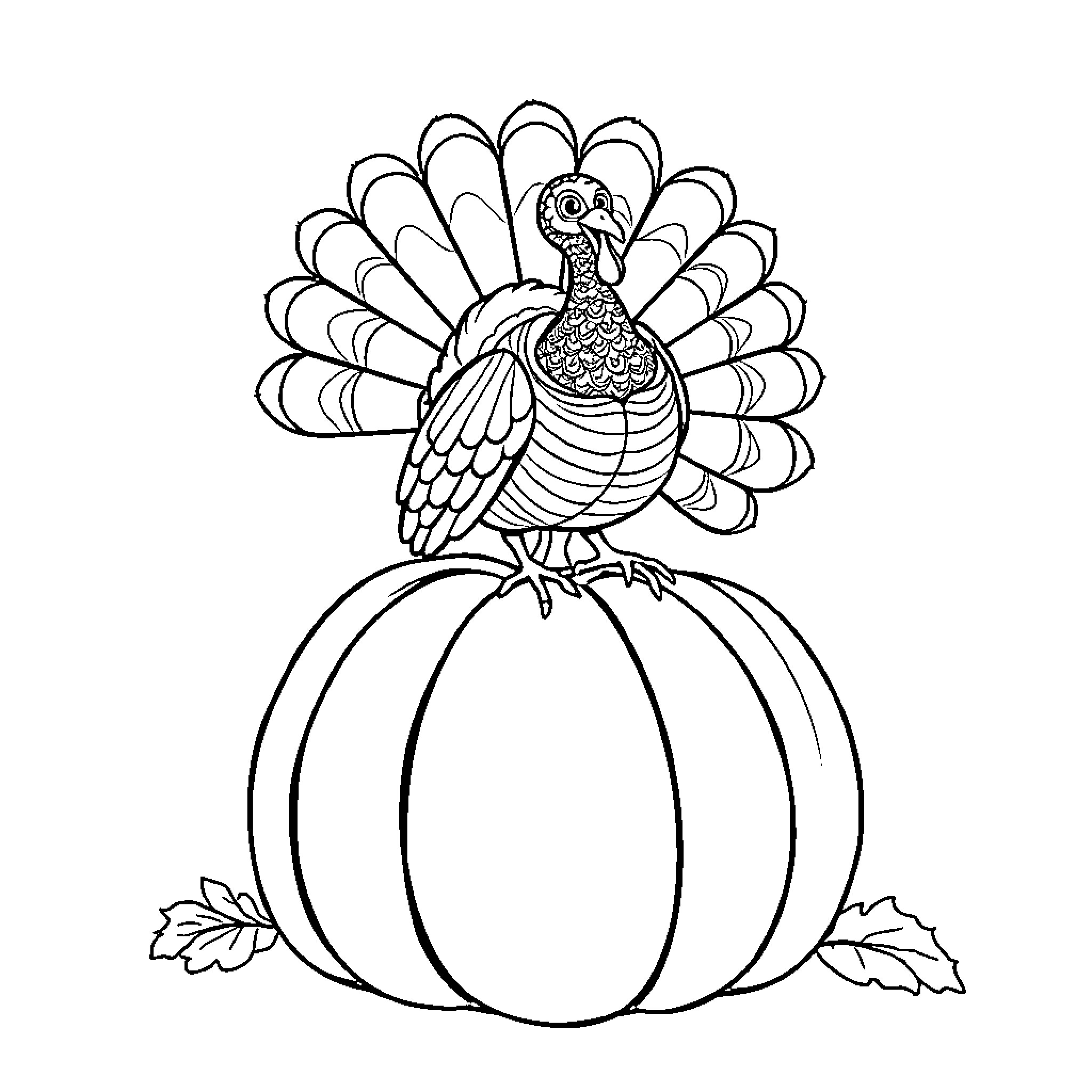 Turkey perched atop a festive pumpkin Coloring Page (free black-and-white line drawing printable PDF for all, from beginners to advanced learners, including children, teens, adults, and seniors)