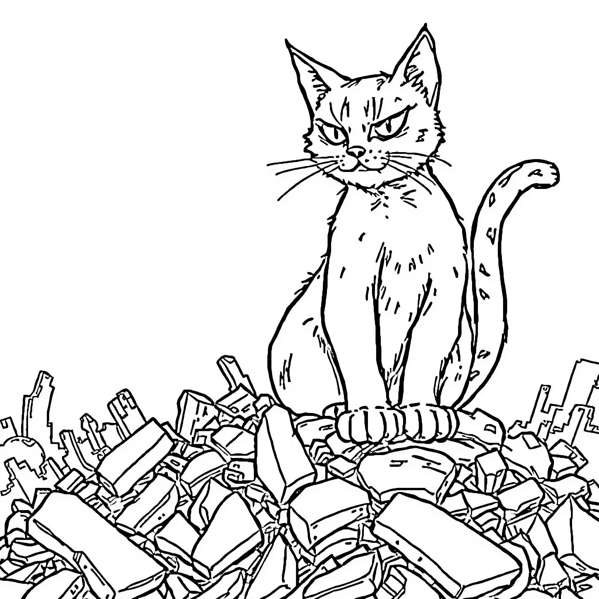Cat on Rubble in Destroyed City Coloring Page (free black-and-white line drawing printable PDF for all, from beginners to advanced learners, including children, teens, adults, and seniors)