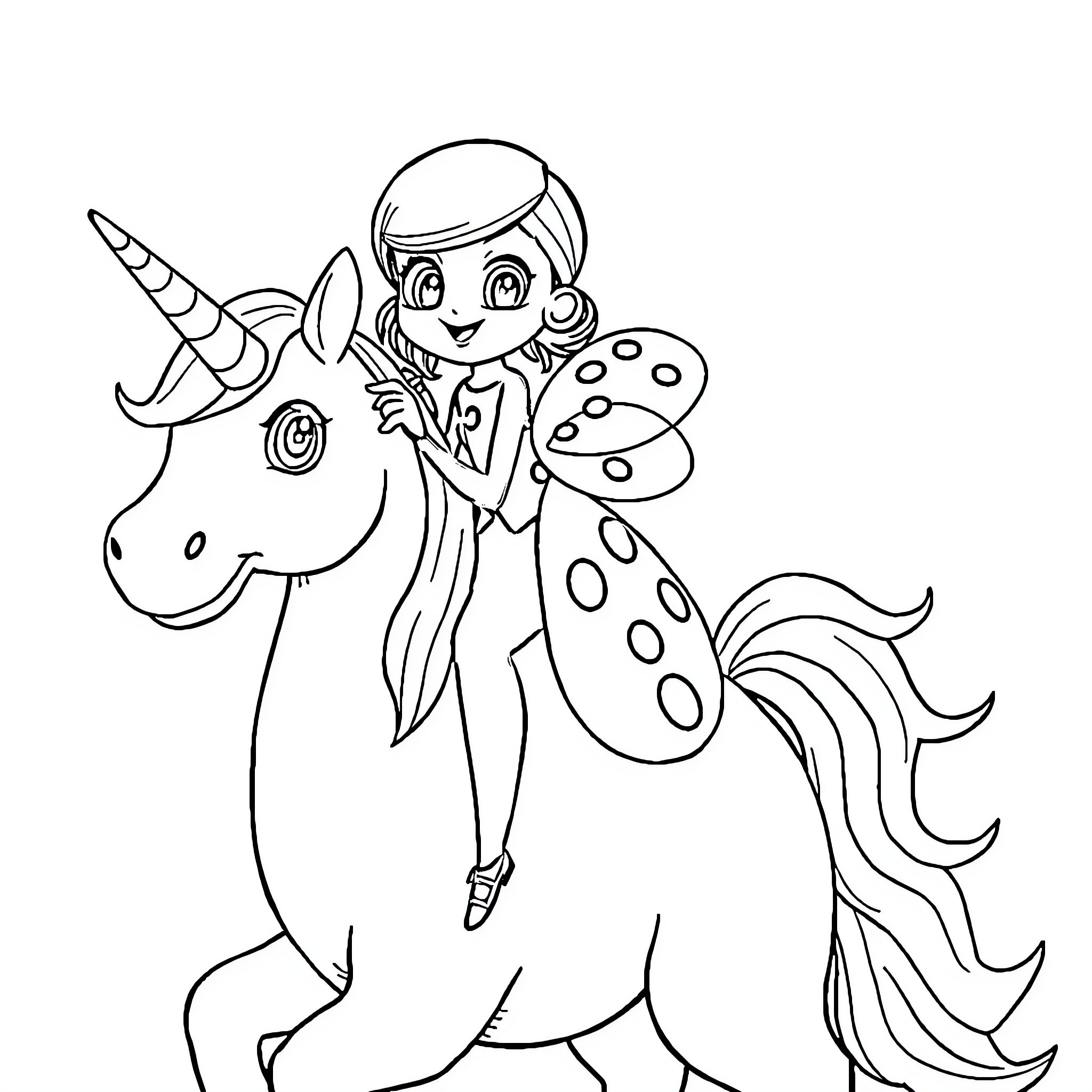 Ladybug riding a magical unicorn Coloring Page (free black-and-white line drawing printable PDF for all, from beginners to advanced learners, including children, teens, adults, and seniors)