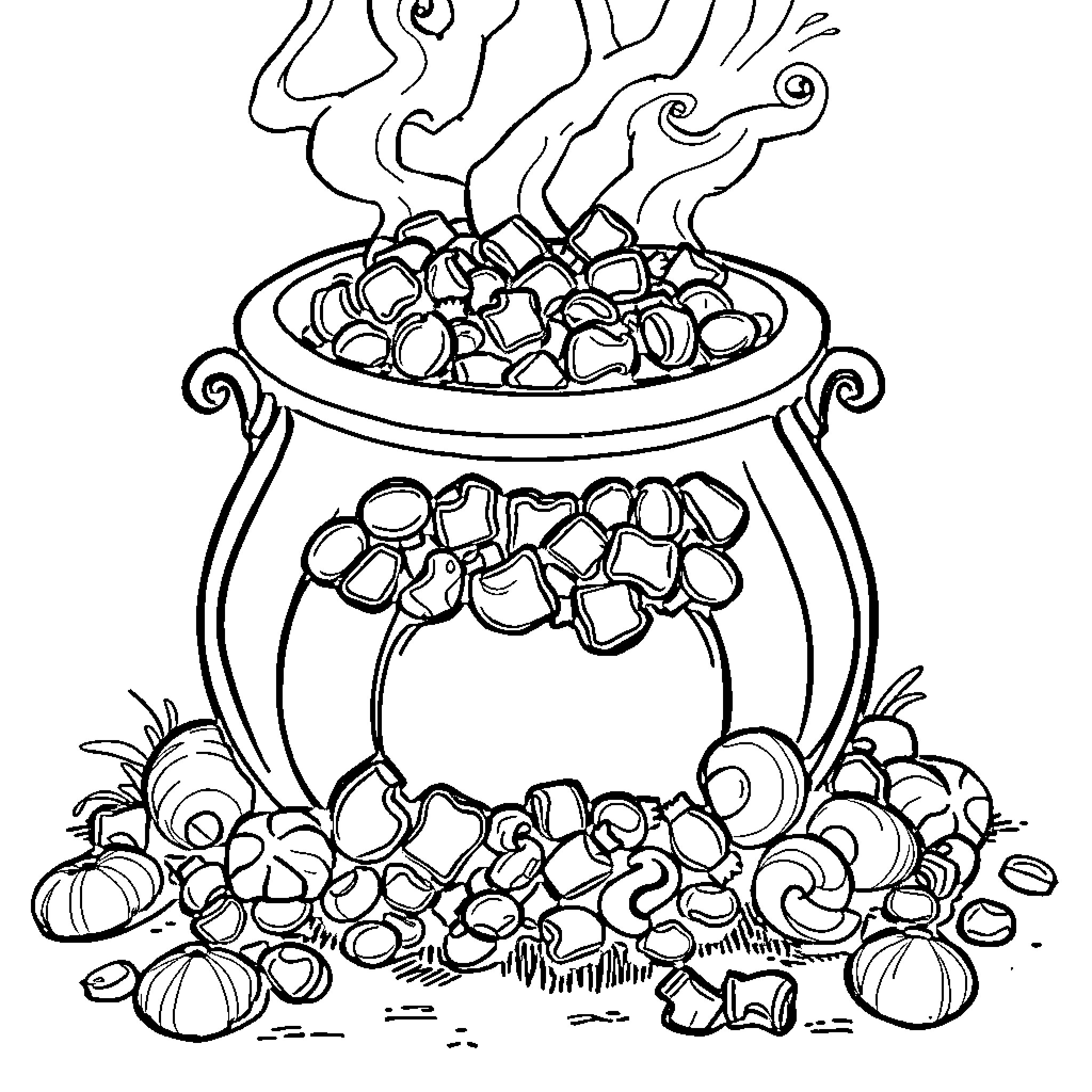 Cauldron of Bubbling Brew with Assorted Ingredients Coloring Page (free black-and-white line drawing printable PDF for all, from beginners to advanced learners, including children, teens, adults, and seniors)