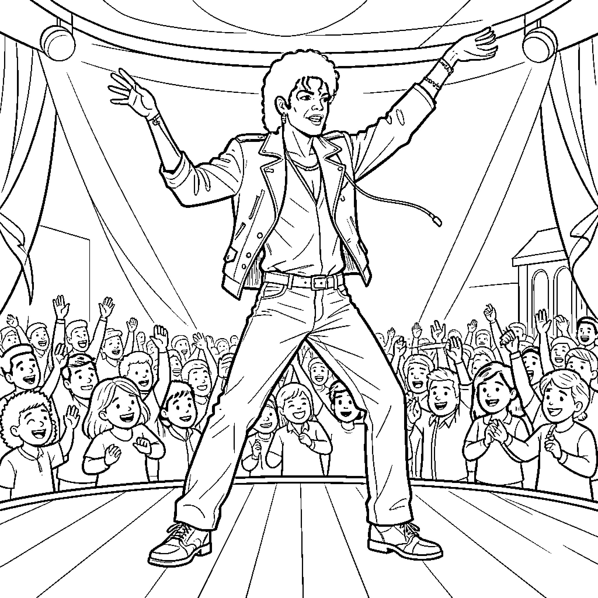 Michael Jackson performing energetically on stage for a crowd Coloring Page (free black-and-white line drawing printable PDF for all, from beginners to advanced learners, including children, teens, adults, and seniors)