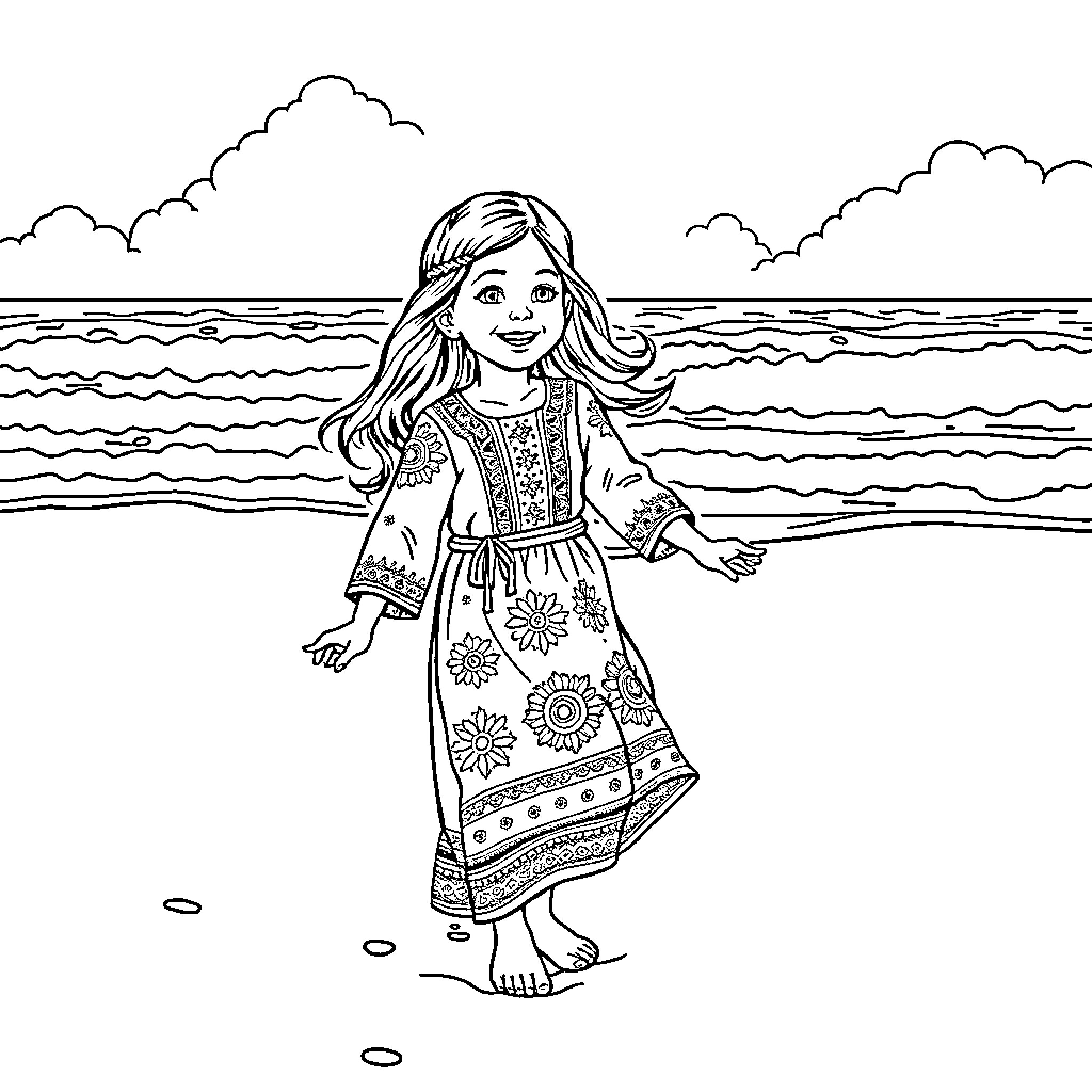 Girl walking barefoot on the beach Coloring Page (free black-and-white line drawing printable PDF for all, from beginners to advanced learners, including children, teens, adults, and seniors)