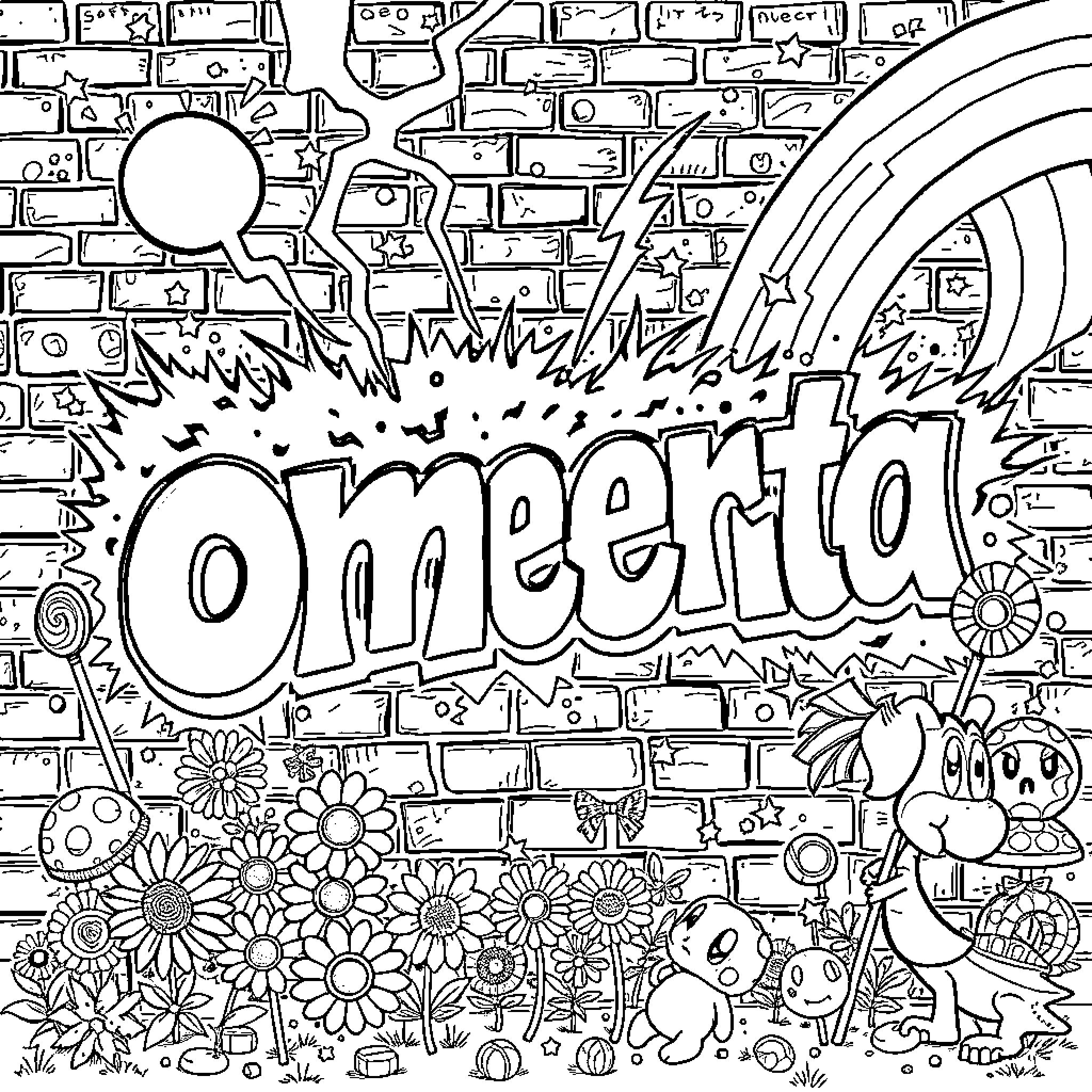 Graffiti depicting a vibrant and whimsical scene Coloring Page (free black-and-white line drawing printable PDF for all, from beginners to advanced learners, including children, teens, adults, and seniors)