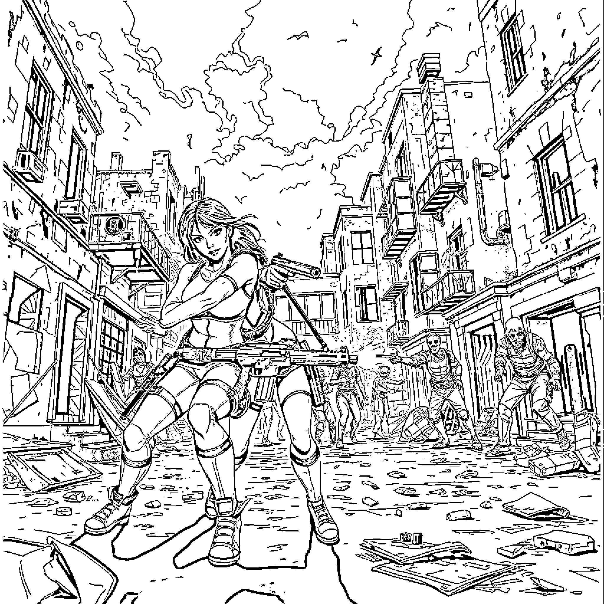 Lara Croft's Urban Exploration Adventure Coloring Page (free black-and-white line drawing printable PDF for all, from beginners to advanced learners, including children, teens, adults, and seniors)