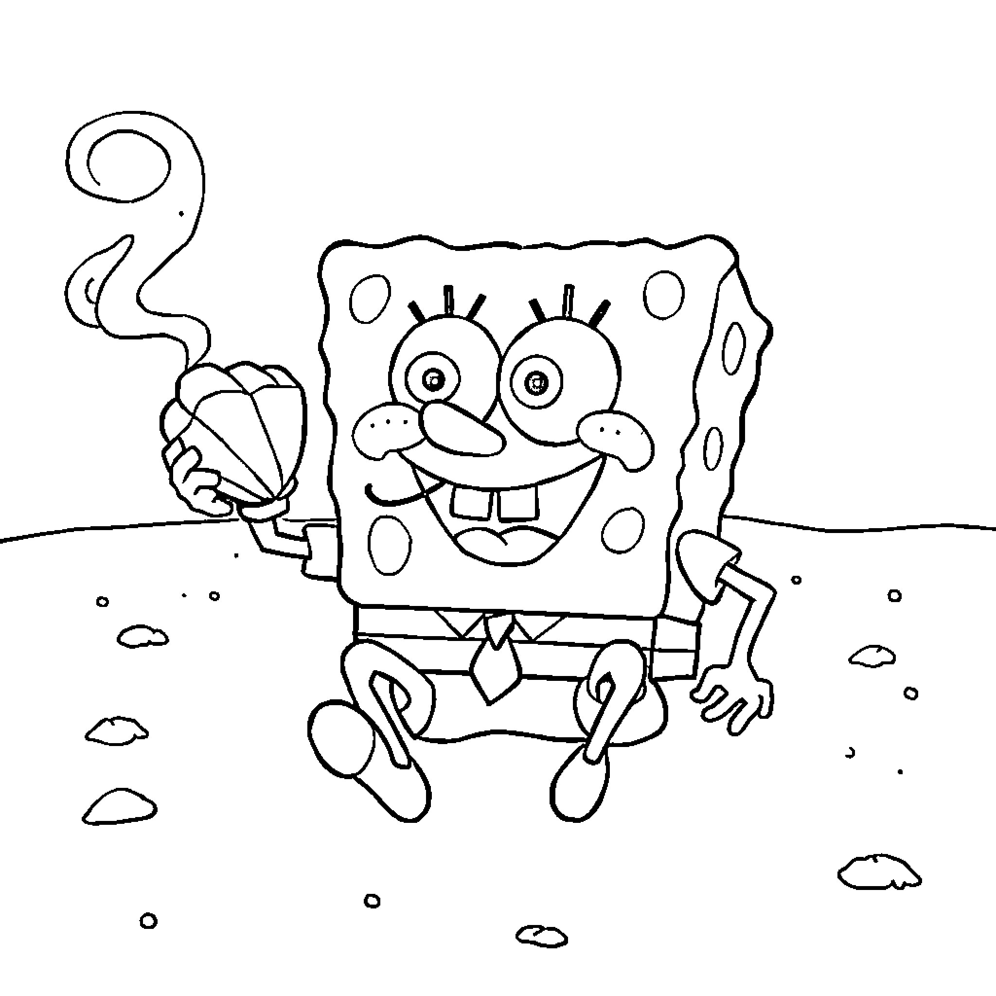Spongebob happily wandering on the beach Coloring Page (free black-and-white line drawing printable PDF for all, from beginners to advanced learners, including children, teens, adults, and seniors)