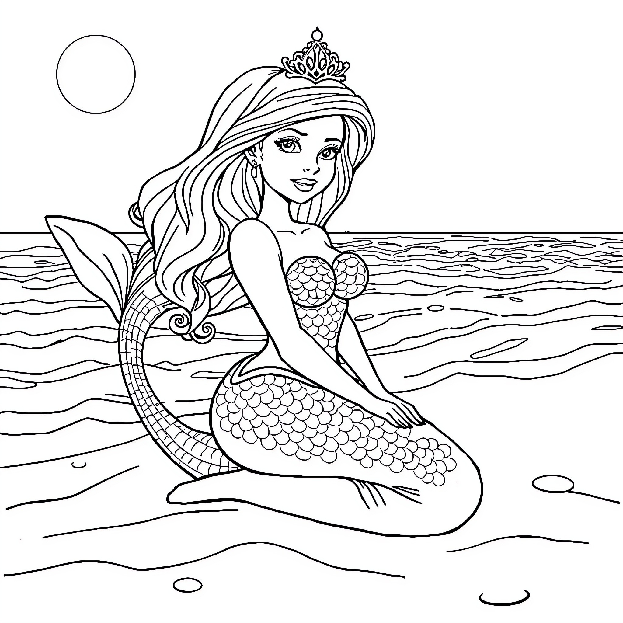 Mermaid sitting on the rocks in the ocean Coloring Page (free black-and-white line drawing printable PDF for all, from beginners to advanced learners, including children, teens, adults, and seniors)