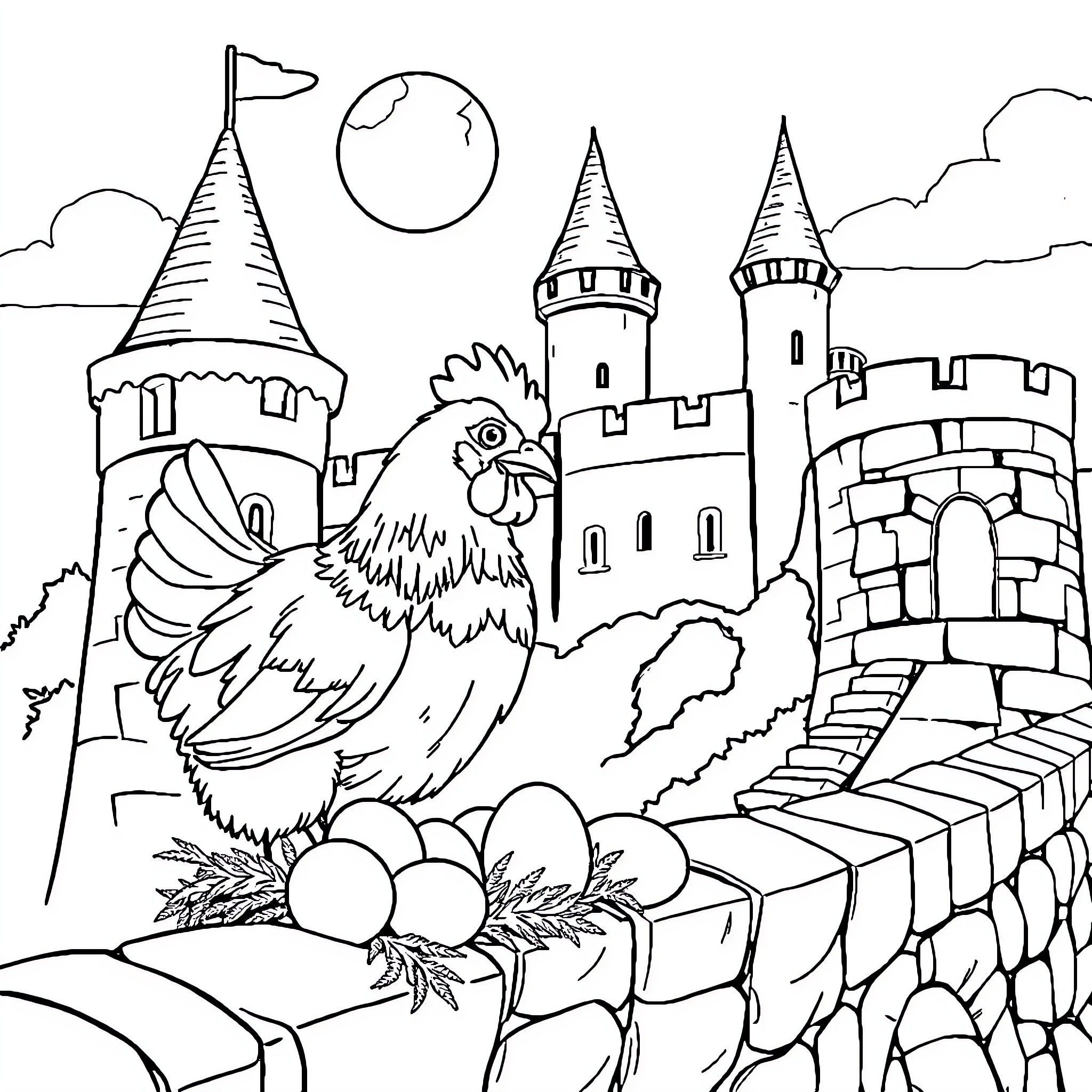 Chicken guarding medieval castle and eggs Coloring Page (free black-and-white line drawing printable PDF for all, from beginners to advanced learners, including children, teens, adults, and seniors)