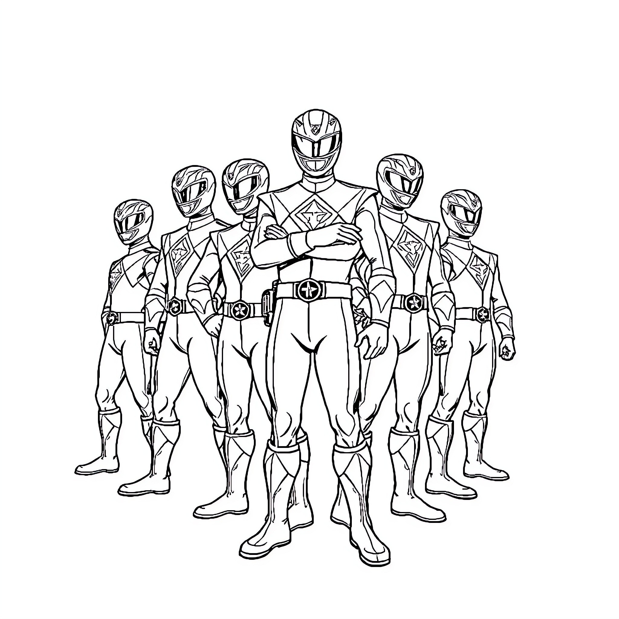Power Rangers Heroic Team Assembled Coloring Page (free black-and-white line drawing printable PDF for all, from beginners to advanced learners, including children, teens, adults, and seniors)