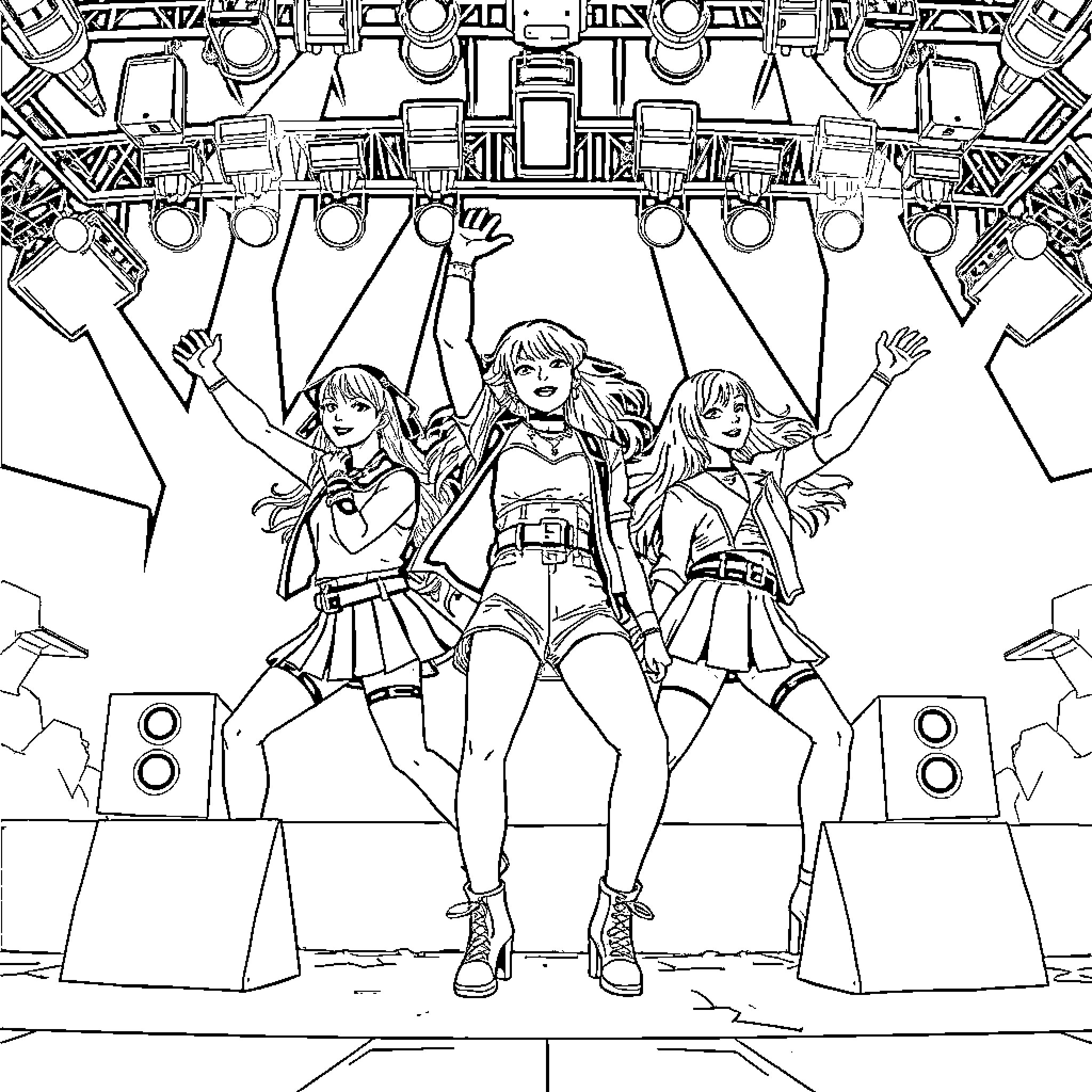 K Pop Warrior Performers on Stage Coloring Page (free black-and-white line drawing printable PDF for all, from beginners to advanced learners, including children, teens, adults, and seniors)