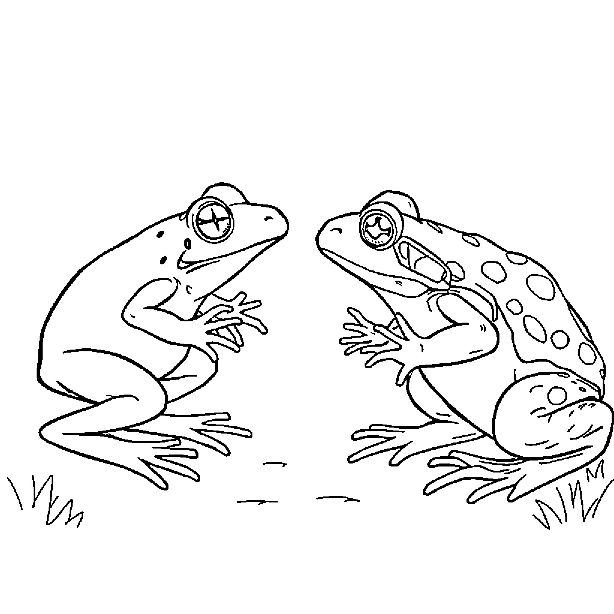 Frogs interacting in nature Coloring Page (free black-and-white line drawing printable PDF for all, from beginners to advanced learners, including children, teens, adults, and seniors)