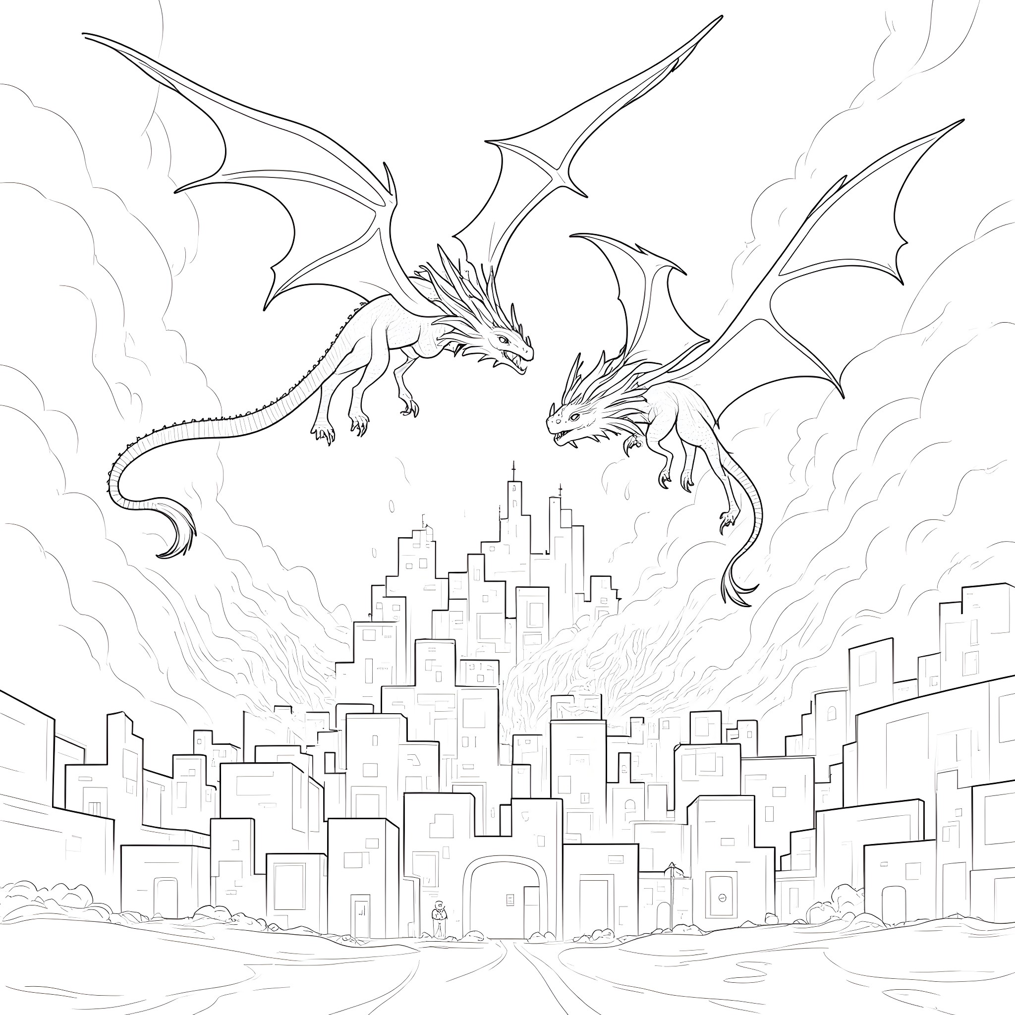 Dragons soaring over a city skyline Coloring Page (free black-and-white line drawing printable PDF for all, from beginners to advanced learners, including children, teens, adults, and seniors)