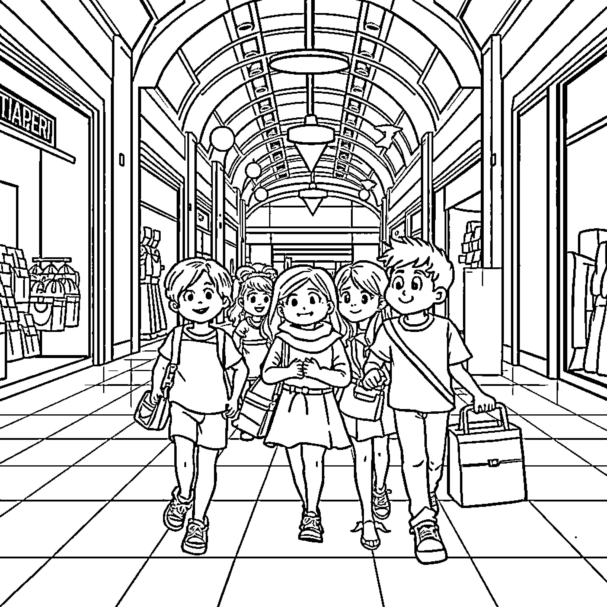 Incredibles family exploring a bustling marketplace Coloring Page (free black-and-white line drawing printable PDF for all, from beginners to advanced learners, including children, teens, adults, and seniors)