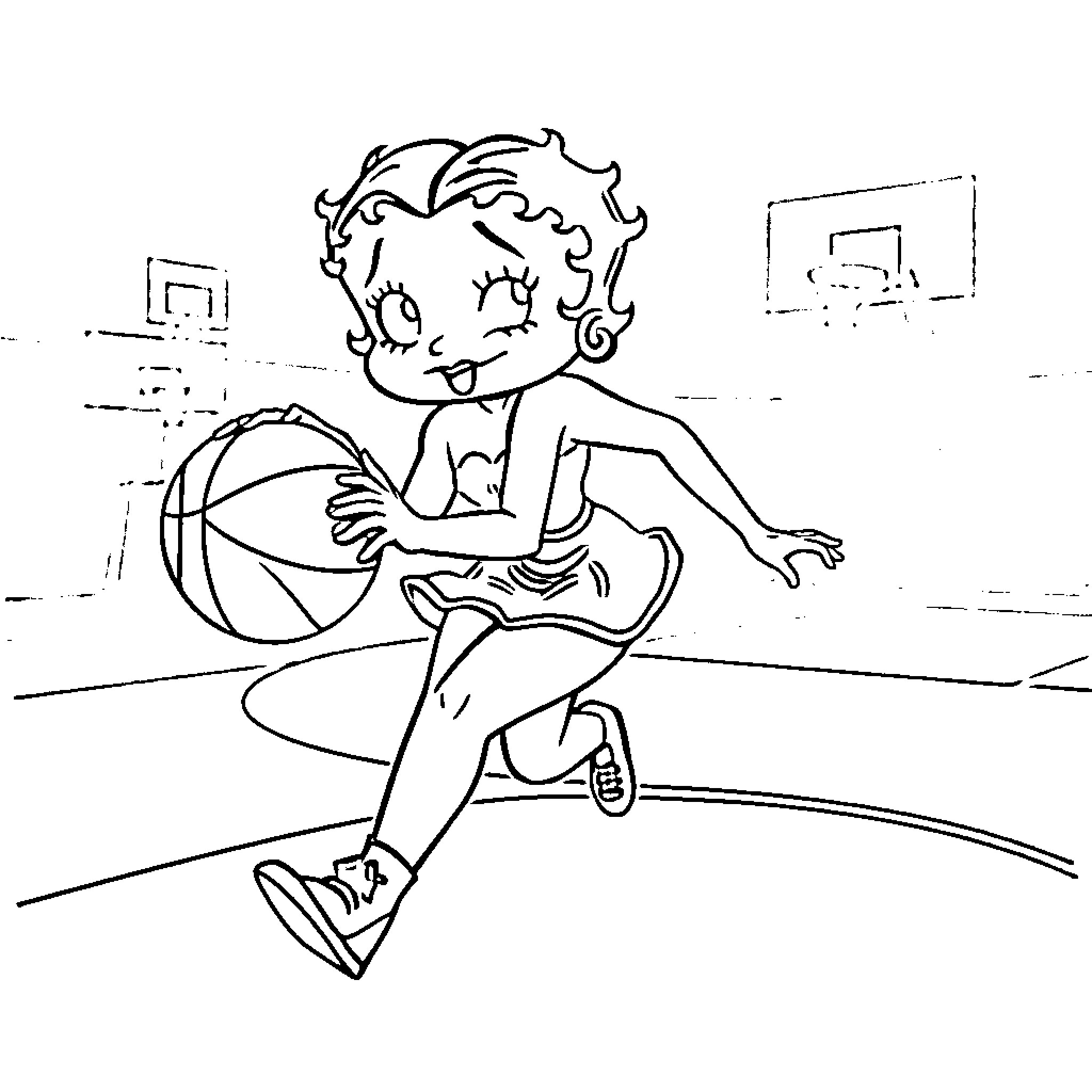 Betty Boop playing basketball with glee Coloring Page (free black-and-white line drawing printable PDF for all, from beginners to advanced learners, including children, teens, adults, and seniors)