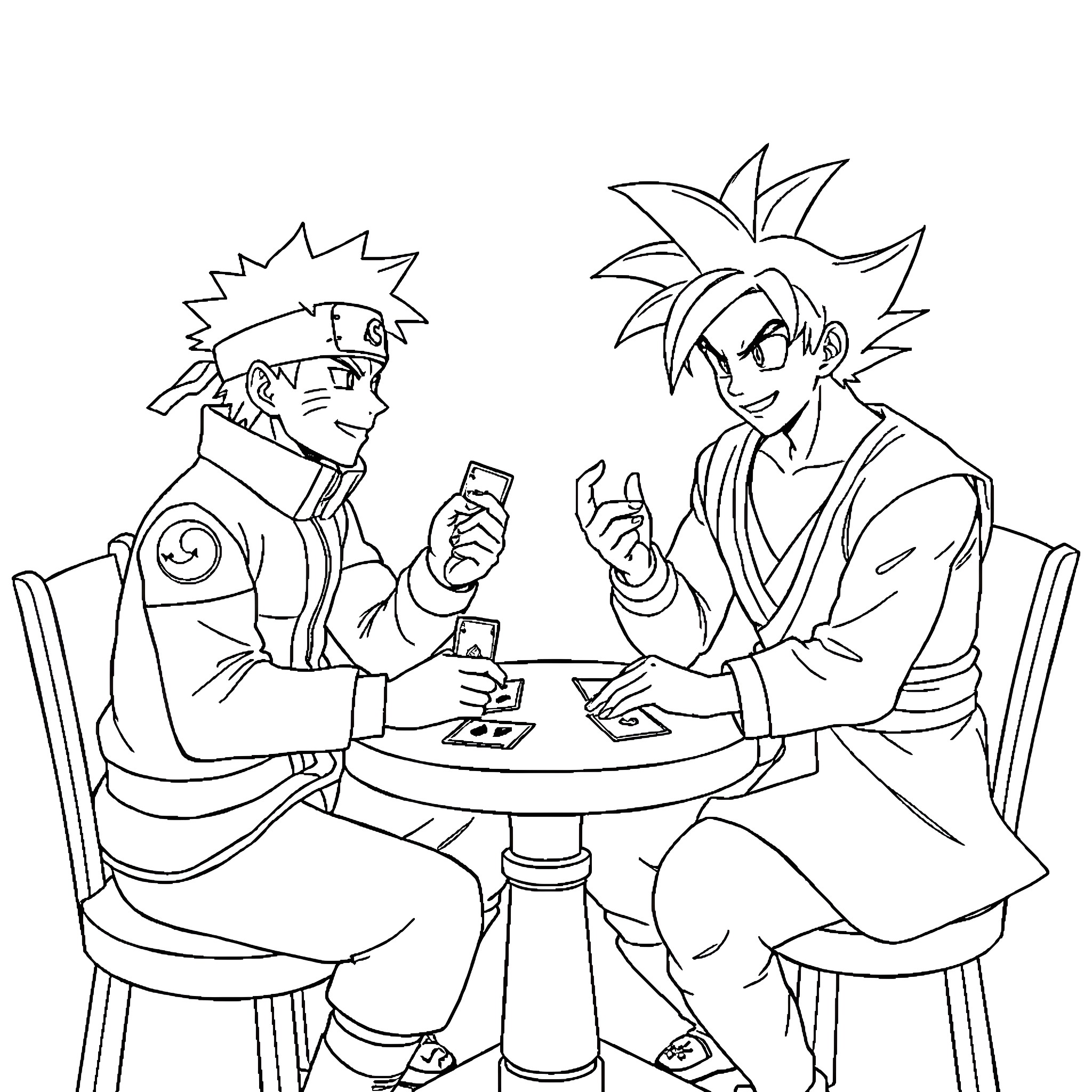 Naruto characters playing card game together Coloring Page (free black-and-white line drawing printable PDF for all, from beginners to advanced learners, including children, teens, adults, and seniors)