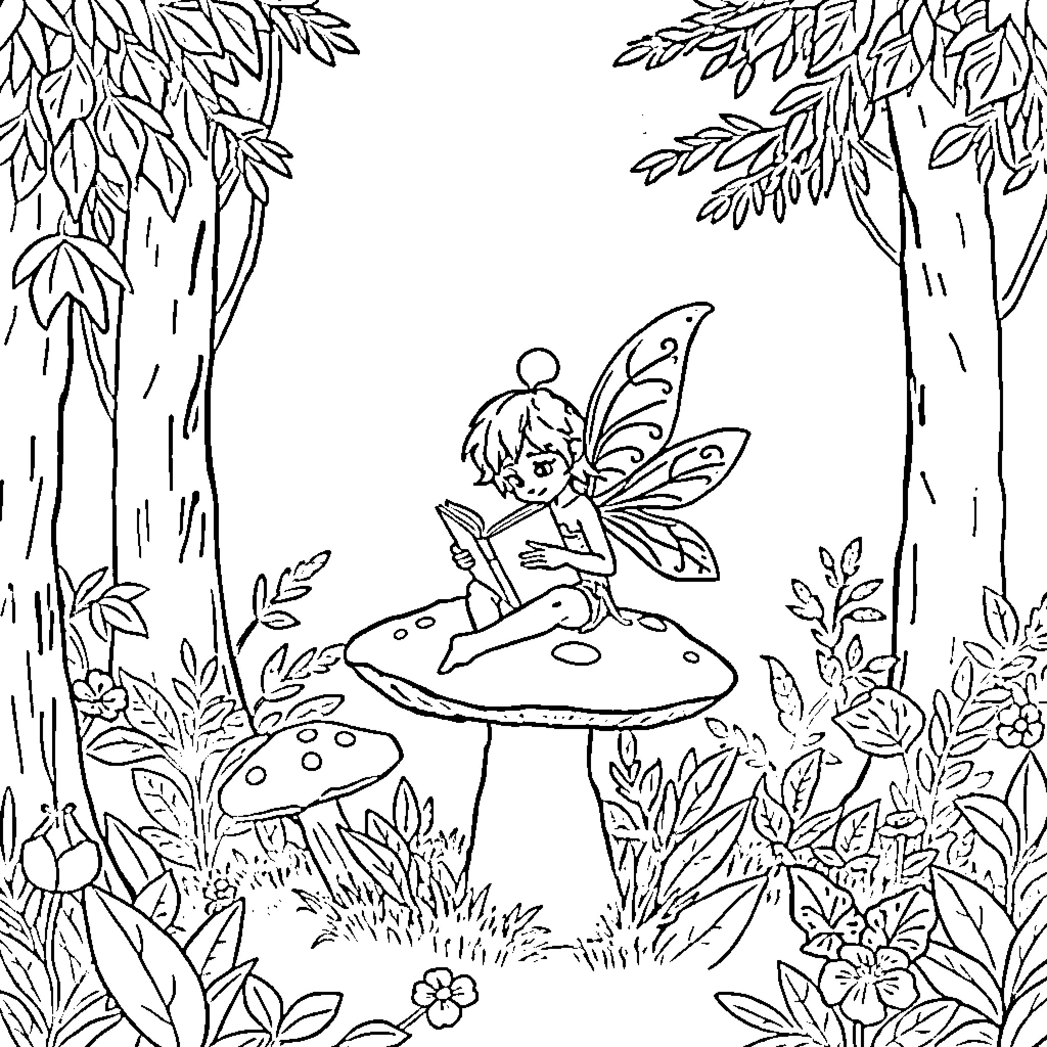 Fairy reading book in enchanted forest Coloring Page (free black-and-white line drawing printable PDF for all, from beginners to advanced learners, including children, teens, adults, and seniors)