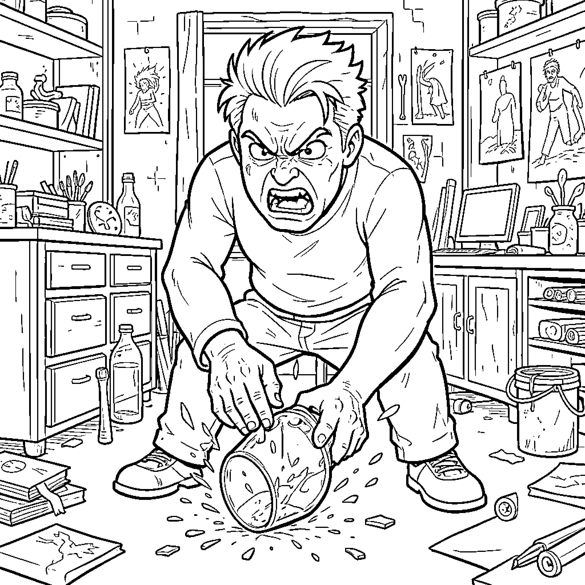 Artist depicts angry man destroying messy room Coloring Page (free black-and-white line drawing printable PDF for all, from beginners to advanced learners, including children, teens, adults, and seniors)