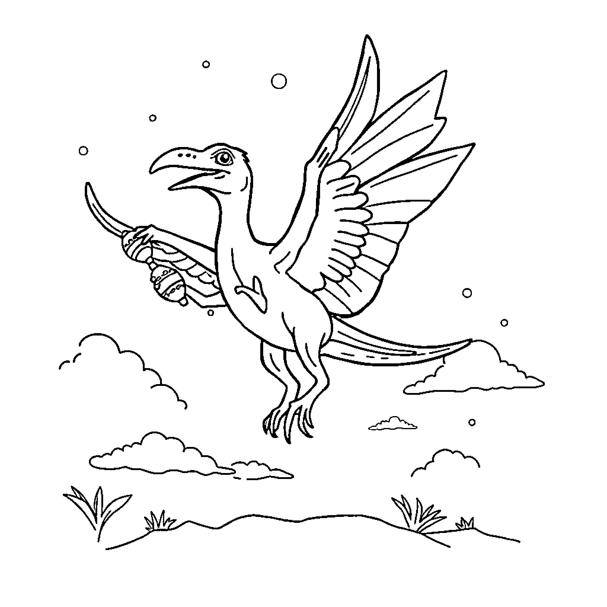Pterodactyl soaring gracefully through the sky Coloring Page (free black-and-white line drawing printable PDF for all, from beginners to advanced learners, including children, teens, adults, and seniors)