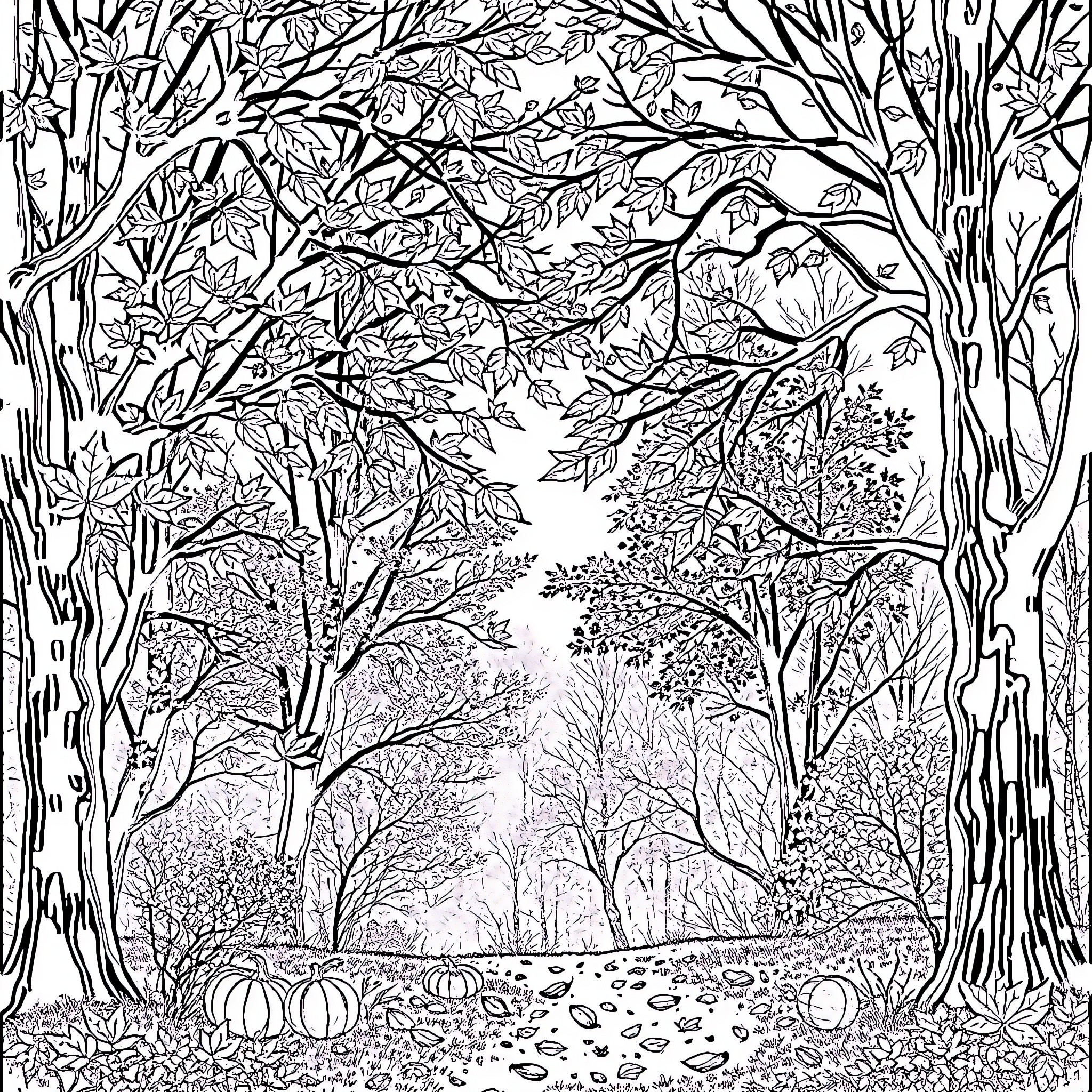 Autumn nature scene with intricate foliage Coloring Page (free black-and-white line drawing printable PDF for all, from beginners to advanced learners, including children, teens, adults, and seniors)