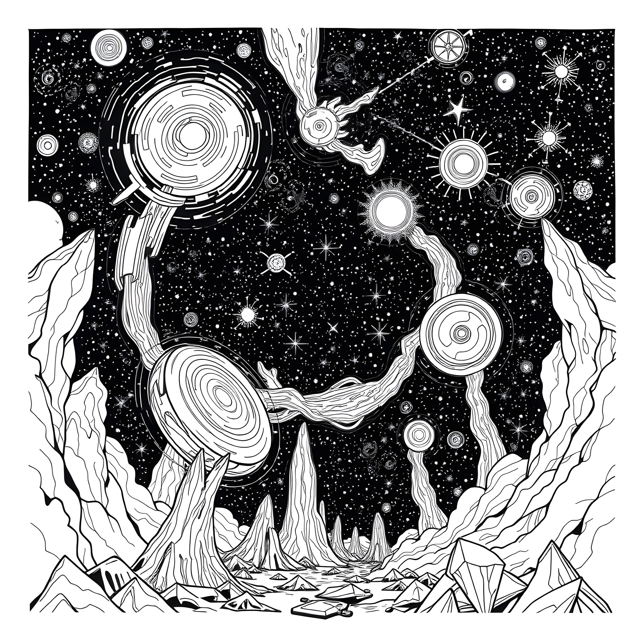 Space magic and cosmic formations Coloring Page (free black-and-white line drawing printable PDF for all, from beginners to advanced learners, including children, teens, adults, and seniors)