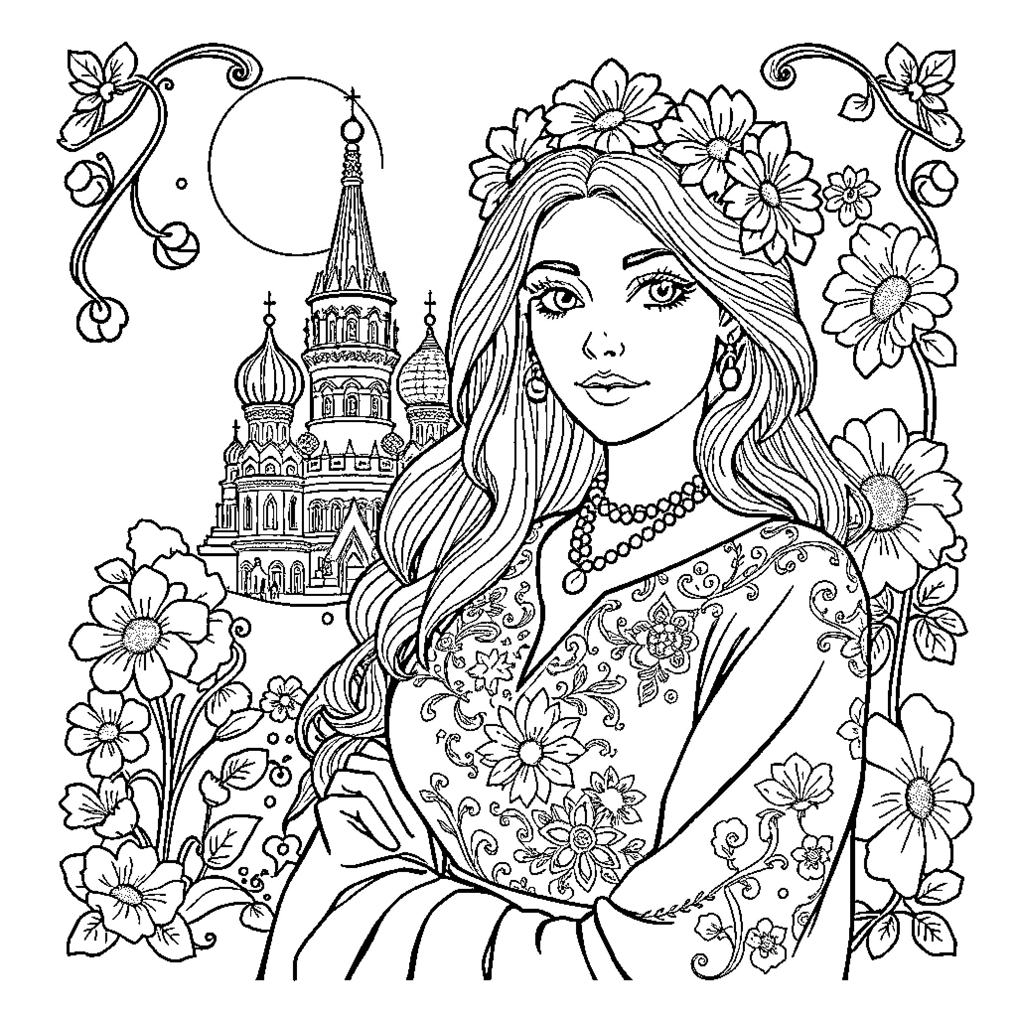 Batman Woman poses elegantly amidst floral scenery Coloring Page (free black-and-white line drawing printable PDF for all, from beginners to advanced learners, including children, teens, adults, and seniors)