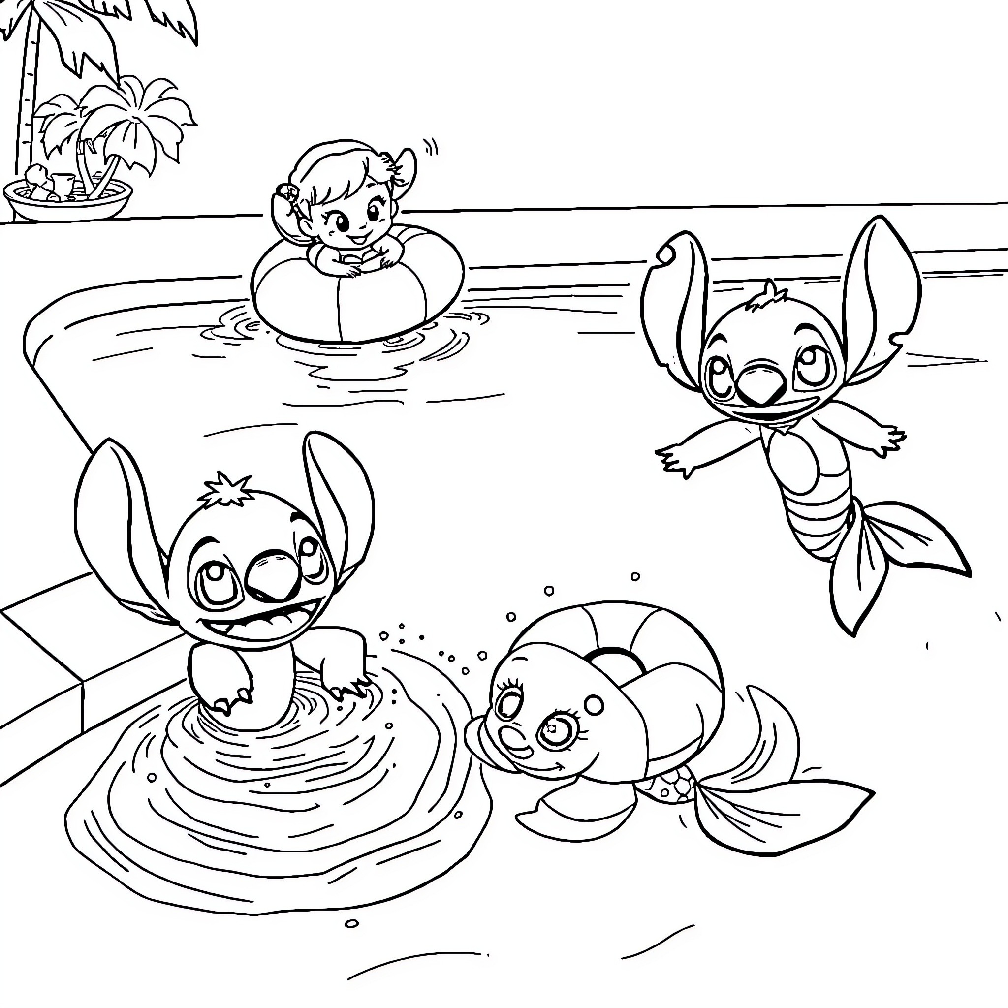 Mermaid Stitch and Lilo Swim Happily in the Ocean Coloring Page (free black-and-white line drawing printable PDF for all, from beginners to advanced learners, including children, teens, adults, and seniors)