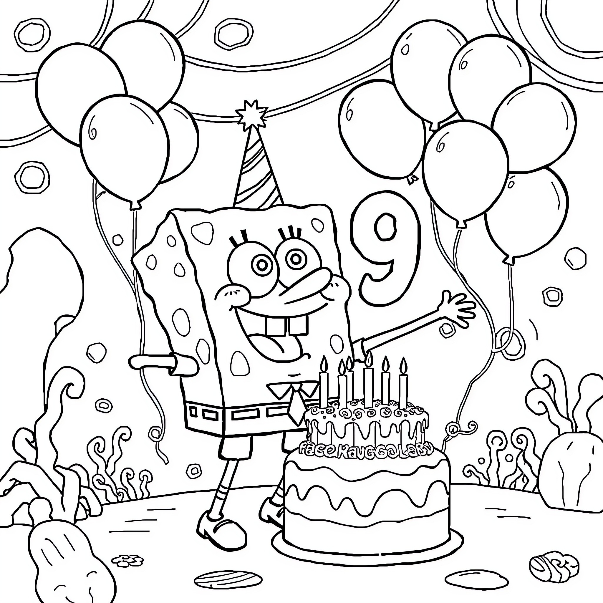 Spongebob celebrates his 9th birthday with balloons and cake Coloring Page (free black-and-white line drawing printable PDF for all, from beginners to advanced learners, including children, teens, adults, and seniors)
