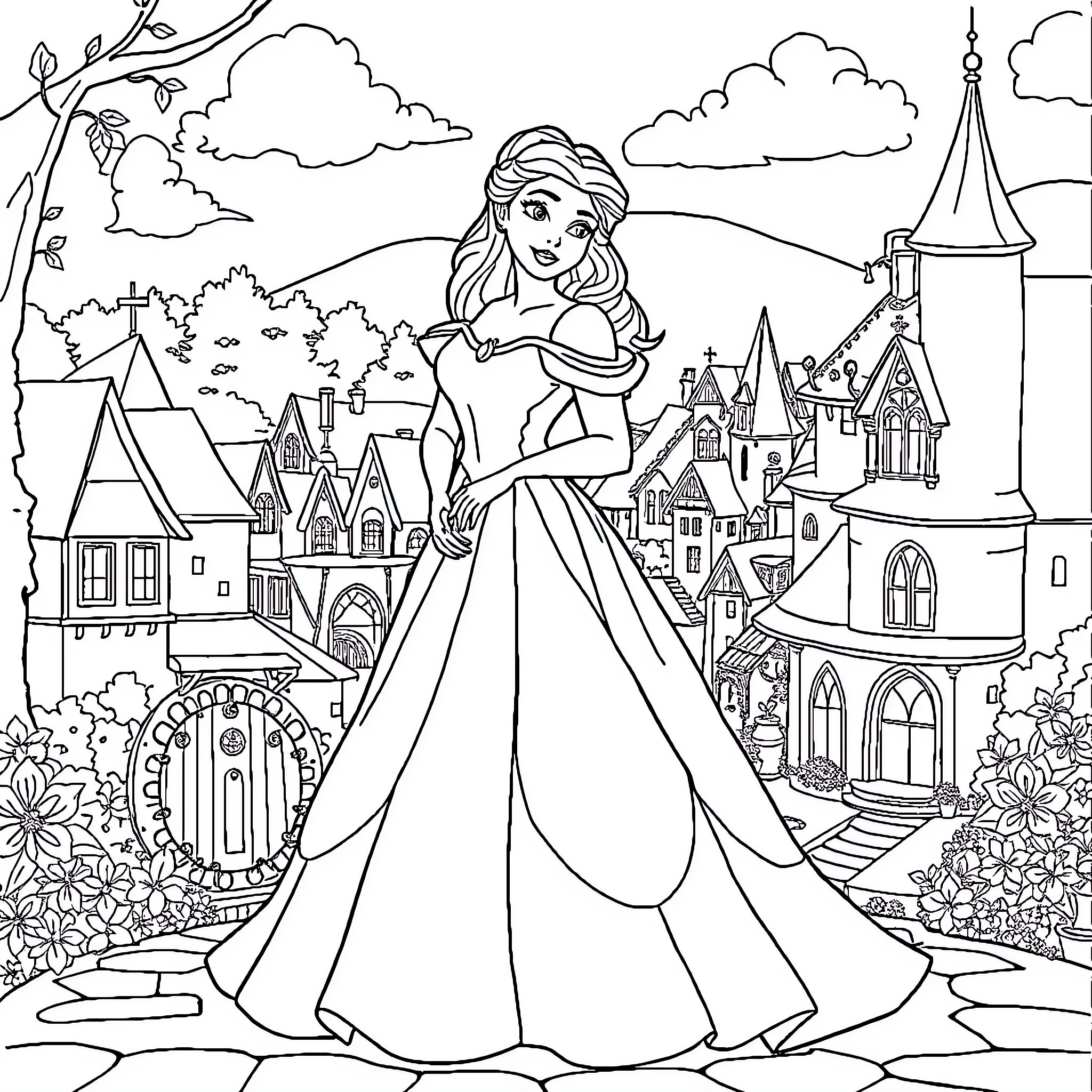 Belle Admiring the Enchanting Castle Scenery Coloring Page (free black-and-white line drawing printable PDF for all, from beginners to advanced learners, including children, teens, adults, and seniors)